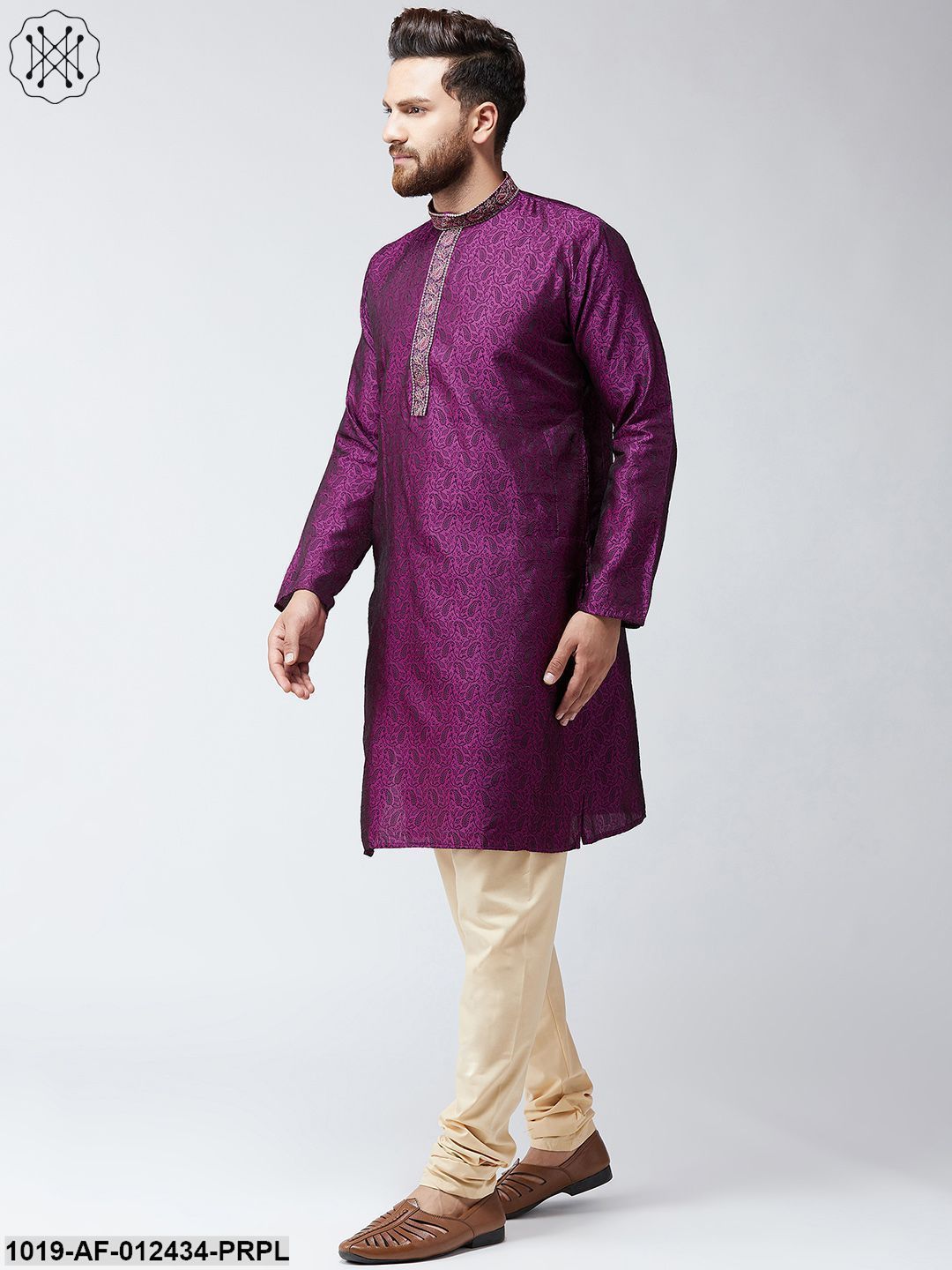 Men's Silk Purple Kurta And Beige Pyjama Set - Sojanya