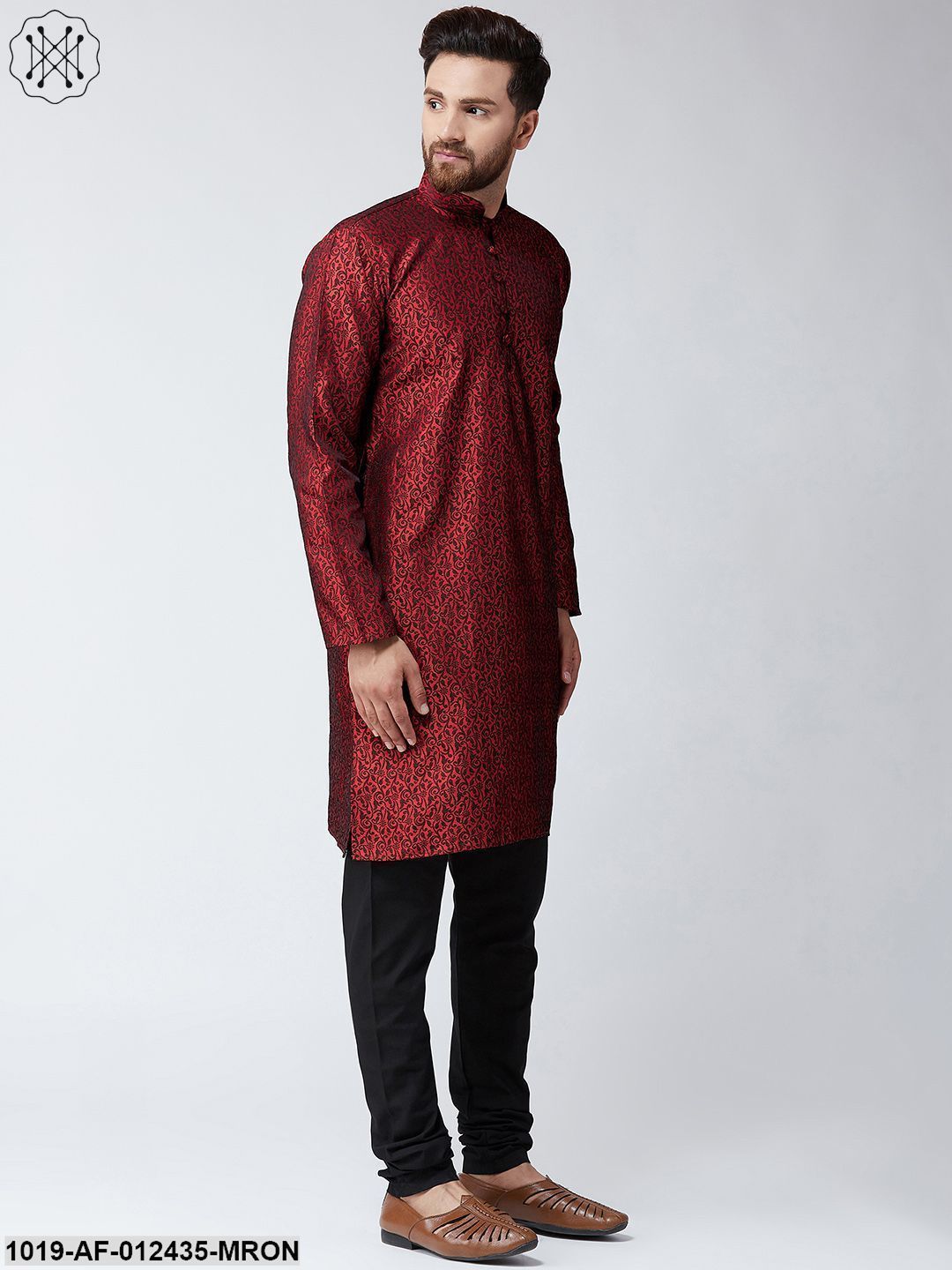 Men's Silk Maroon Kurta And Black Pyjama Set - Sojanya