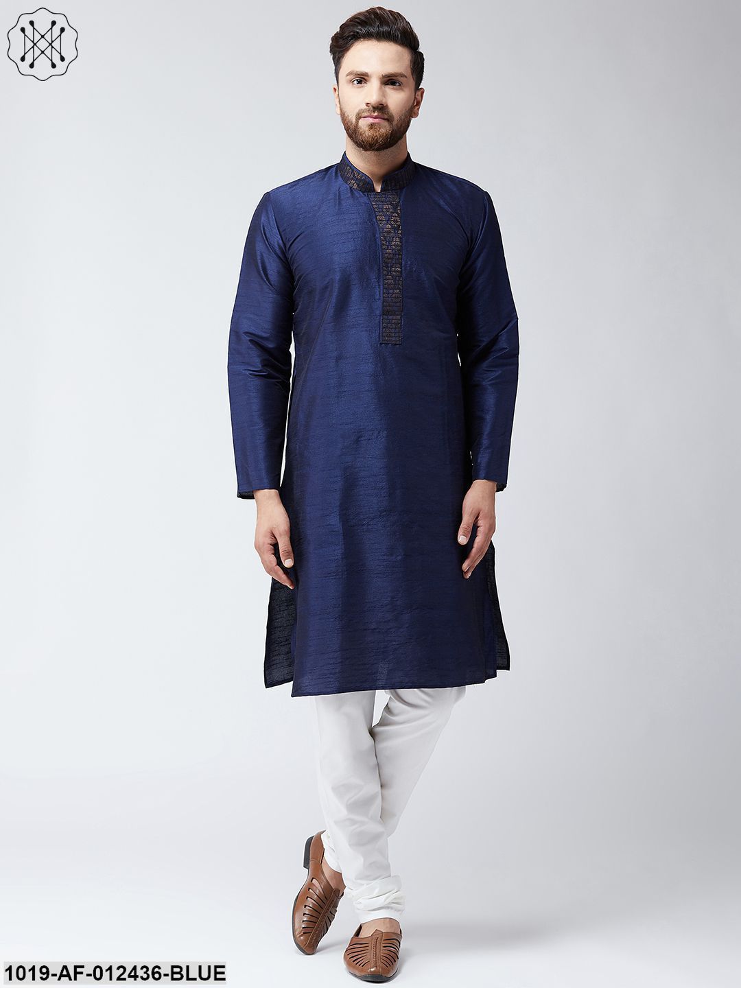 Men's Silk Navy Blue Kurta And Off White Pyjama Set