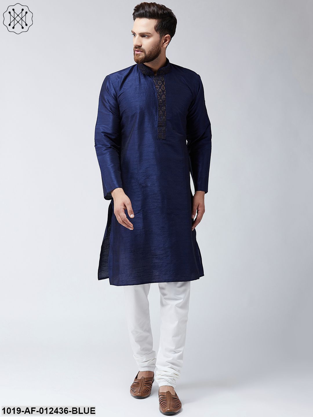 Men's Silk Navy Blue Kurta And Off White Pyjama Set