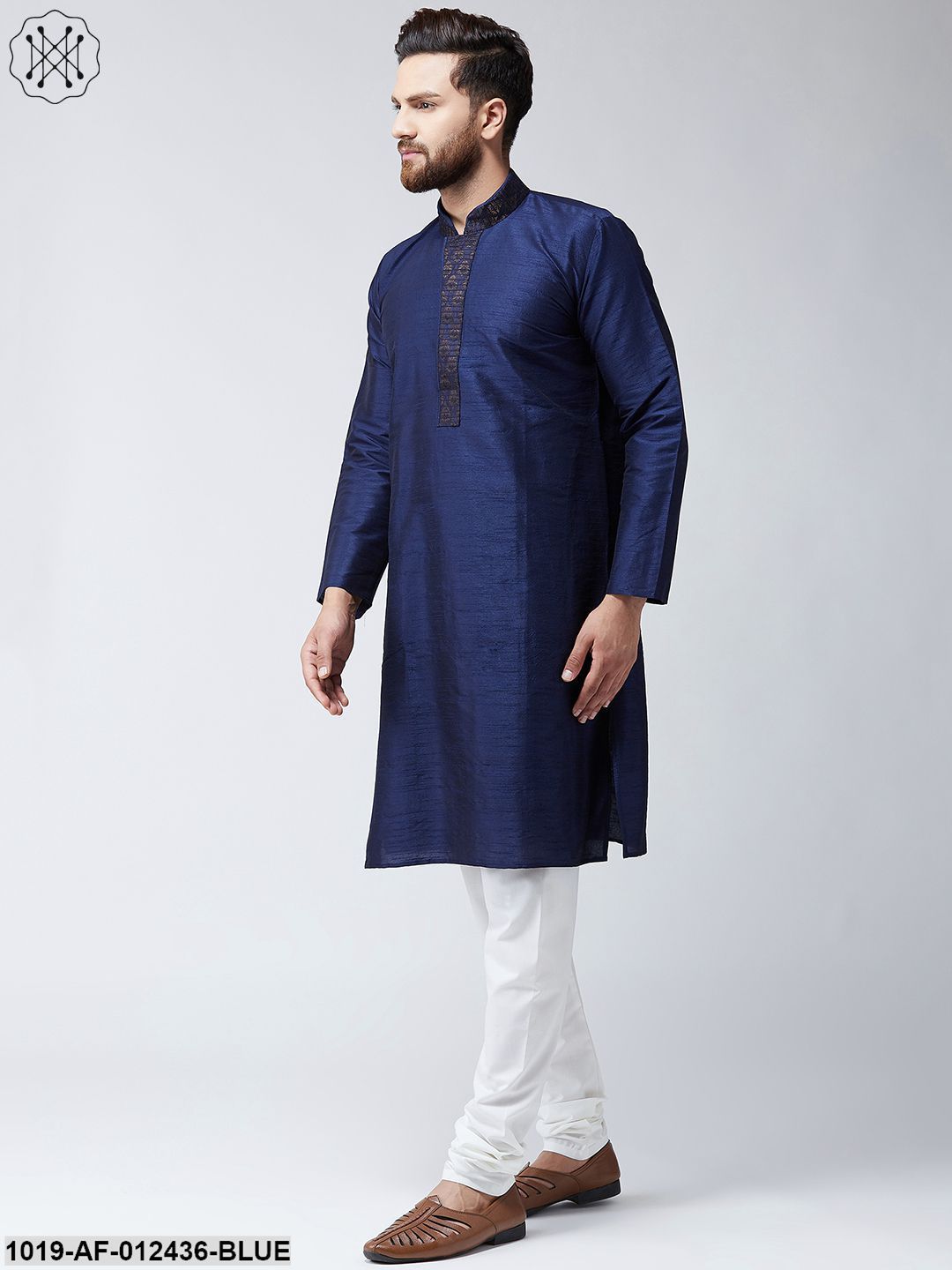 Men's Silk Navy Blue Kurta And Off White Pyjama Set