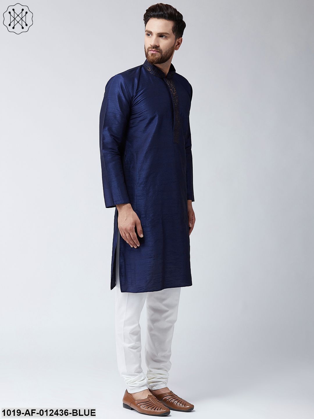 Men's Silk Navy Blue Kurta And Off White Pyjama Set