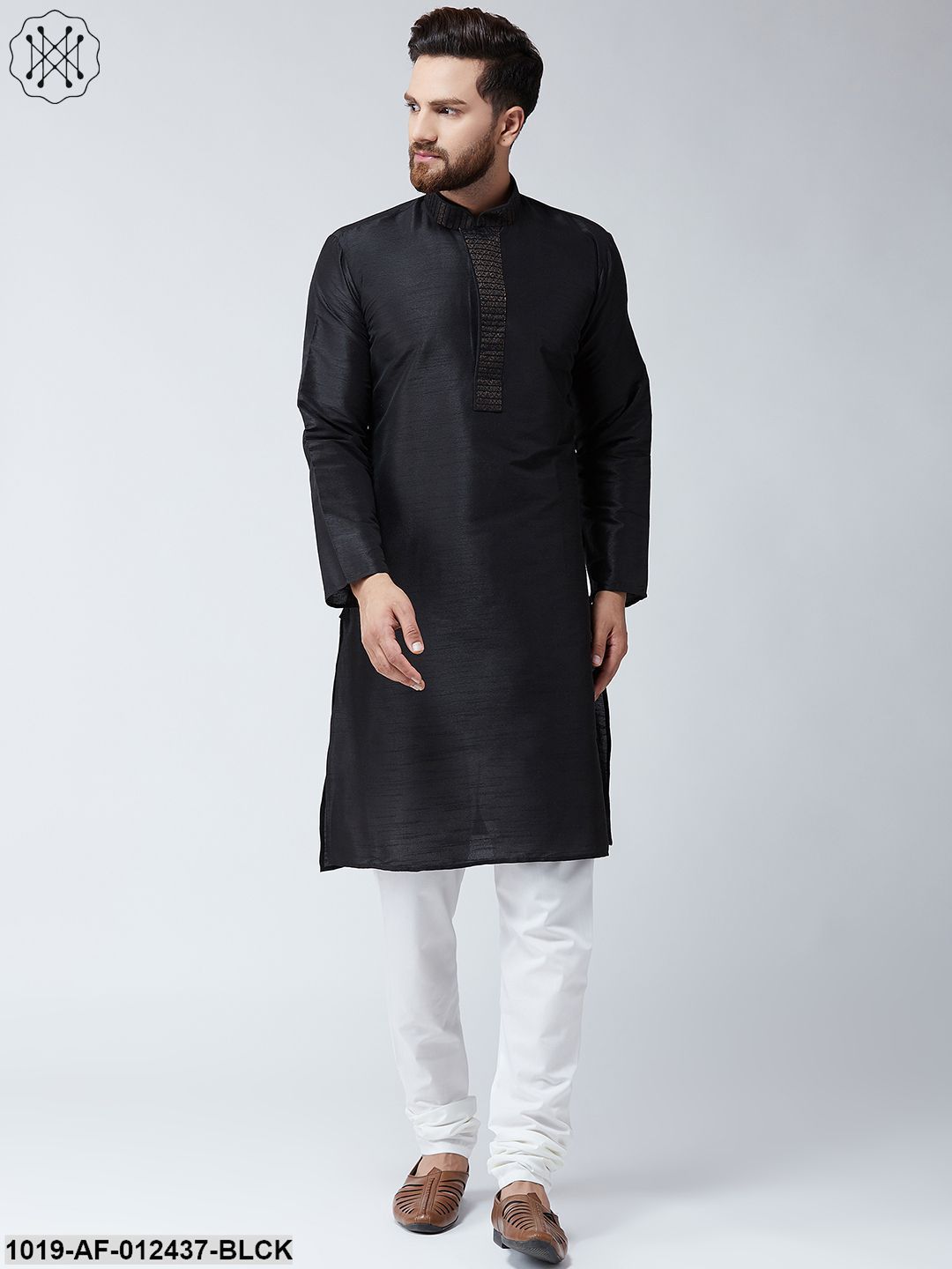 Men's Silk Black Kurta And Off White Pyjama Set
