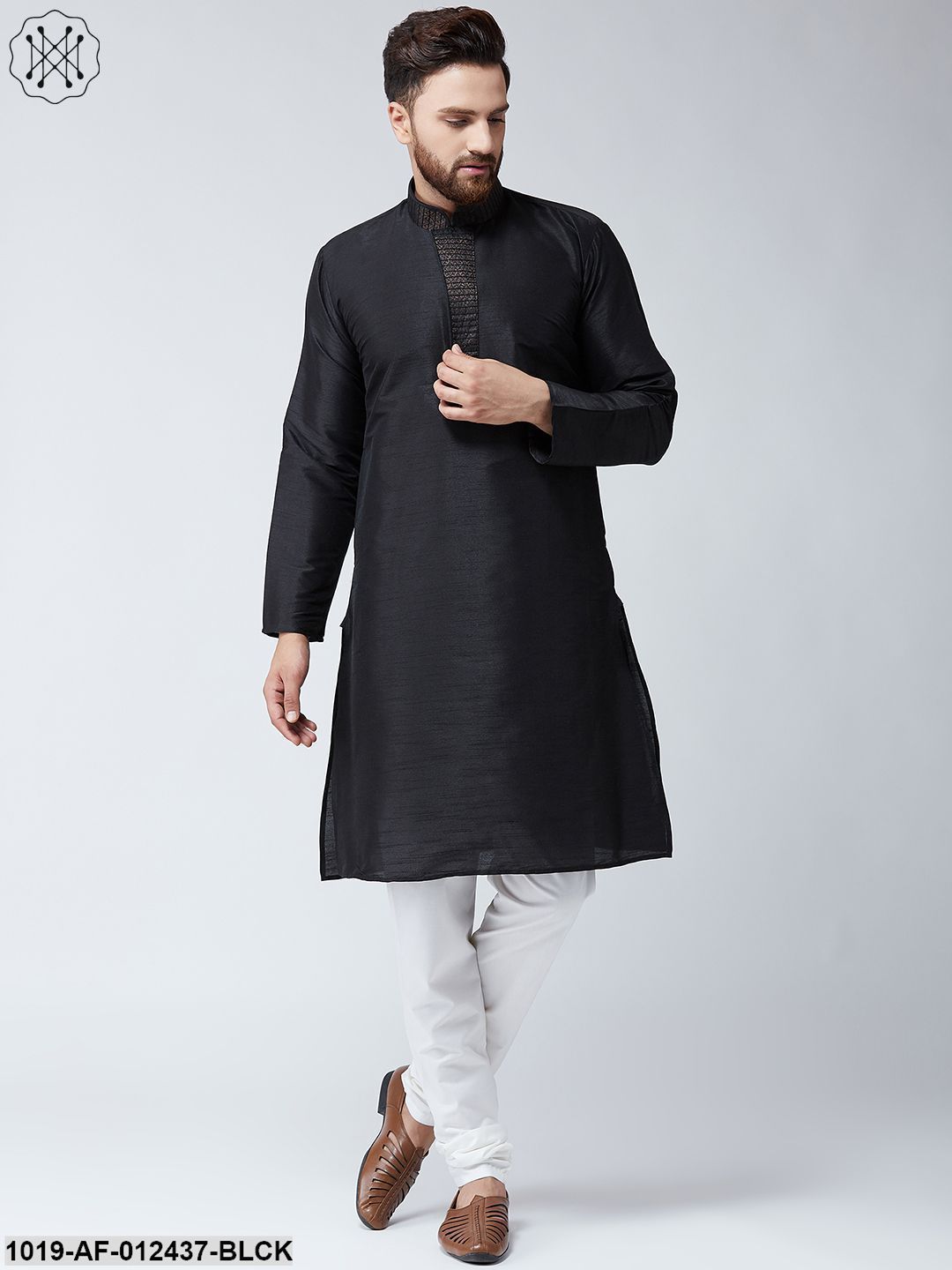 Men's Silk Black Kurta And Off White Pyjama Set