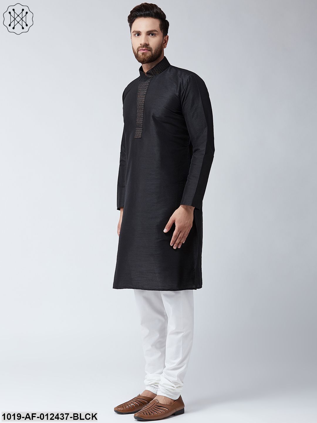Men's Silk Black Kurta And Off White Pyjama Set