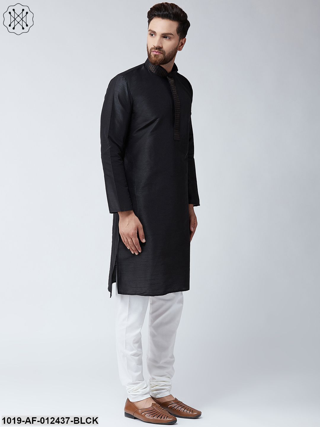 Men's Silk Black Kurta And Off White Pyjama Set