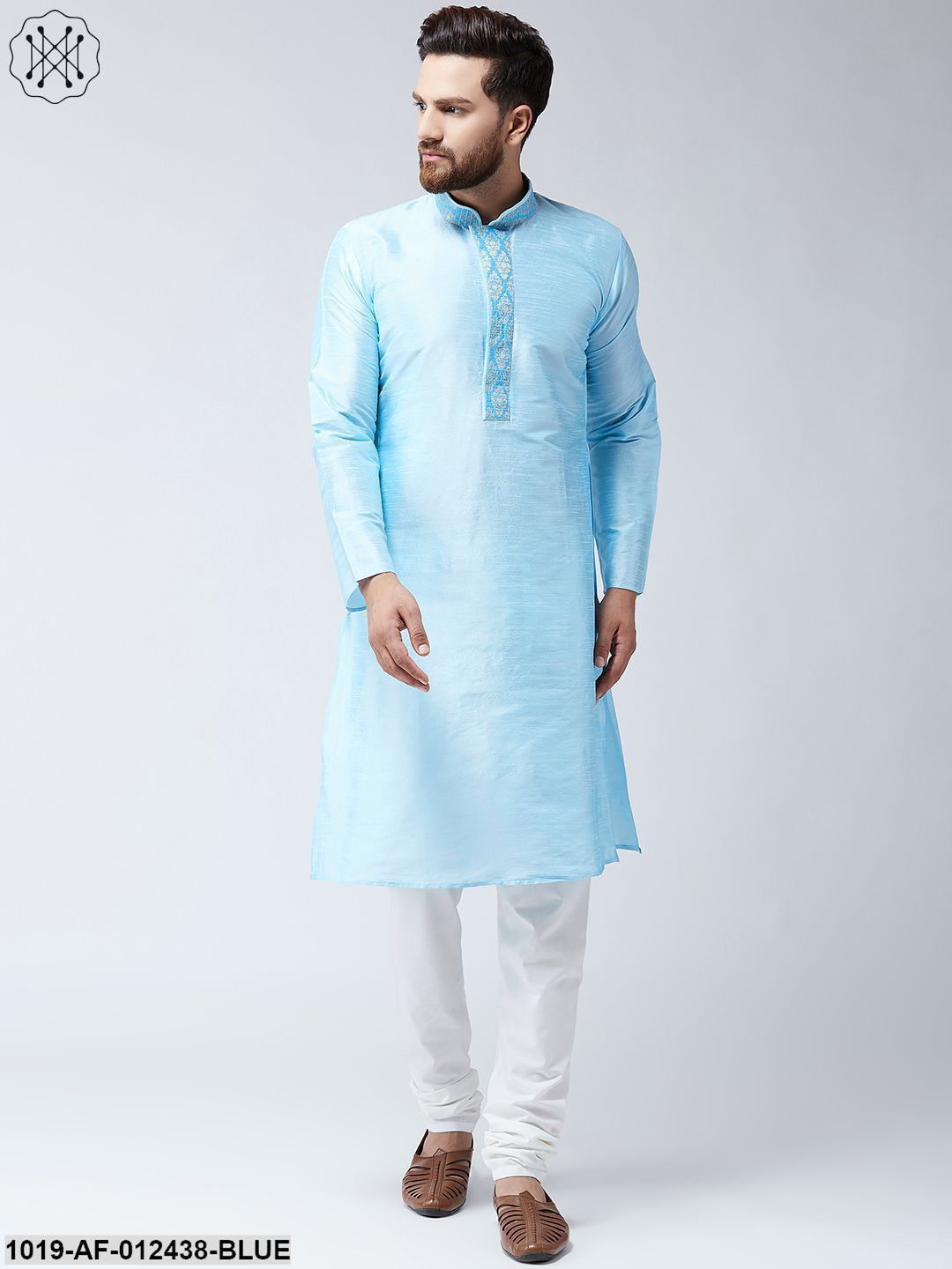 Men's Silk Aqua Blue Kurta And Off White Pyjama Set