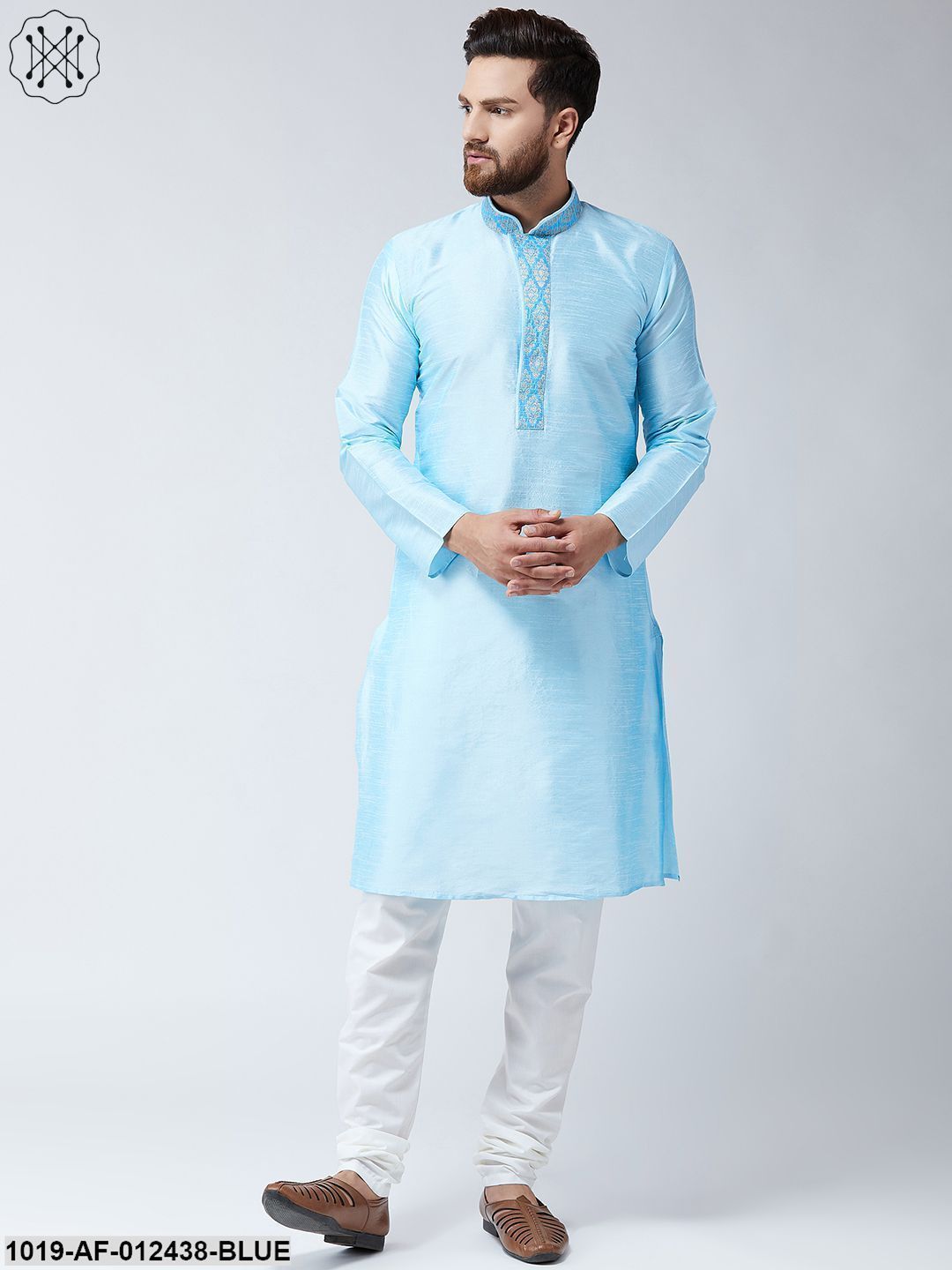 Men's Silk Aqua Blue Kurta And Off White Pyjama Set