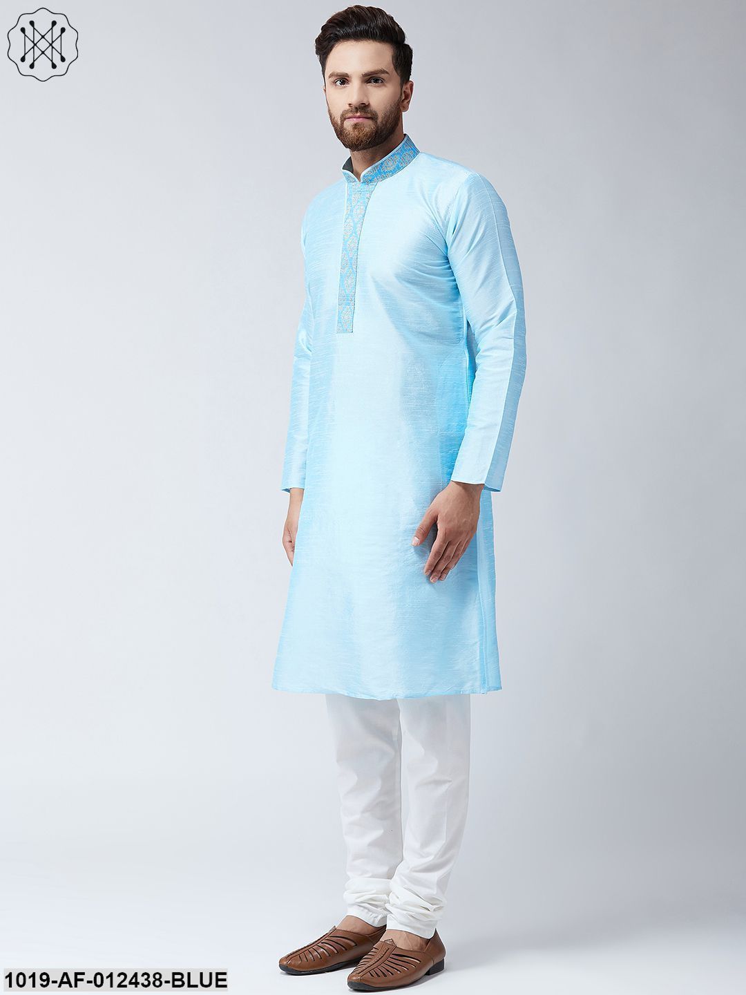 Men's Silk Aqua Blue Kurta And Off White Pyjama Set