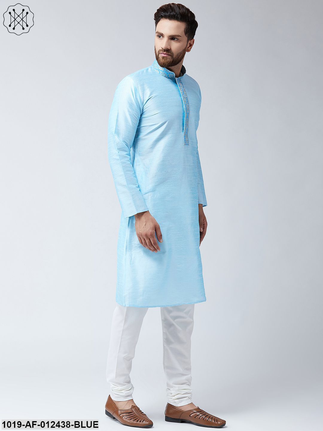 Men's Silk Aqua Blue Kurta And Off White Pyjama Set