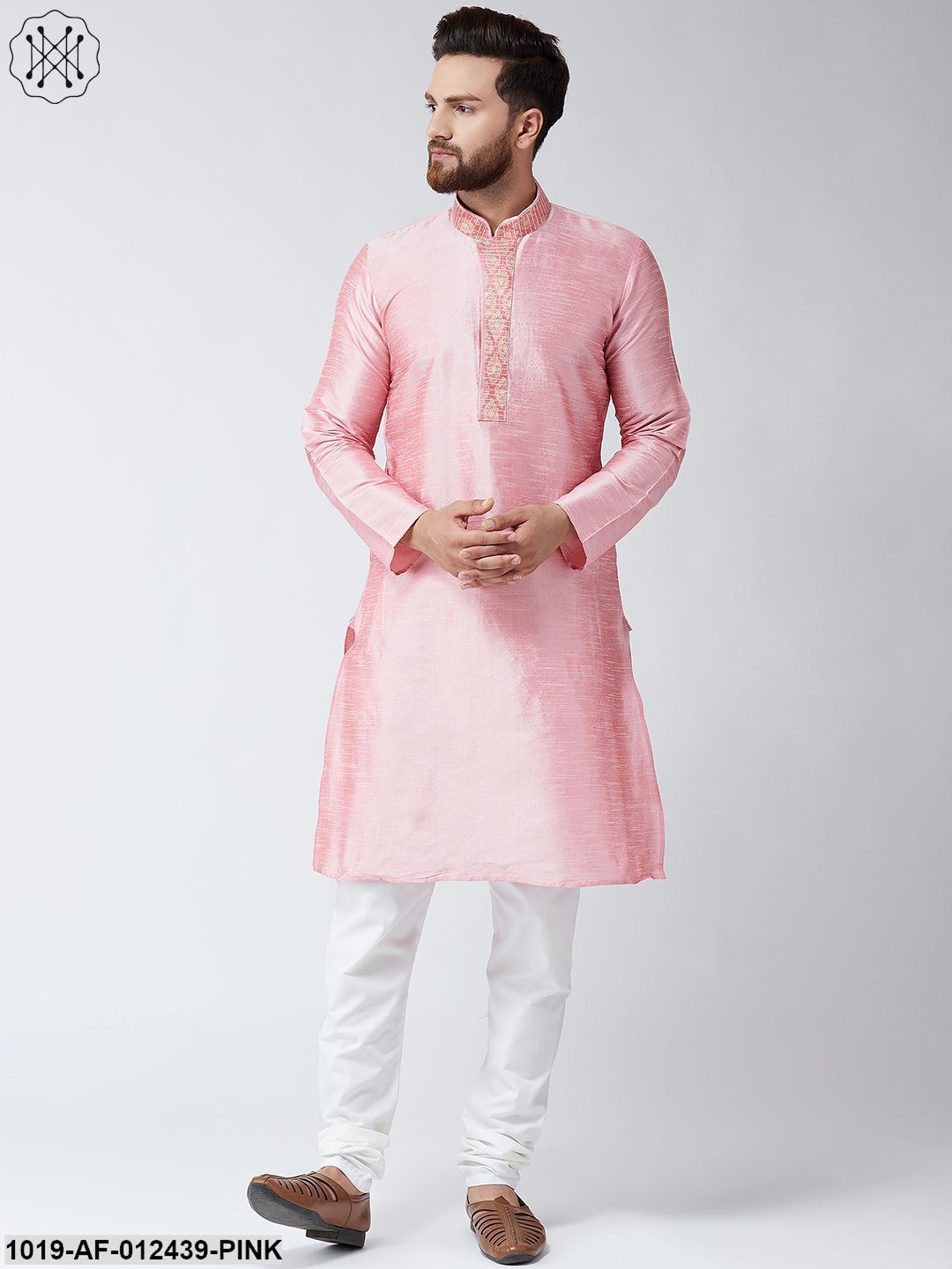Men's Silk Pink Kurta And Off White Pyjama Set