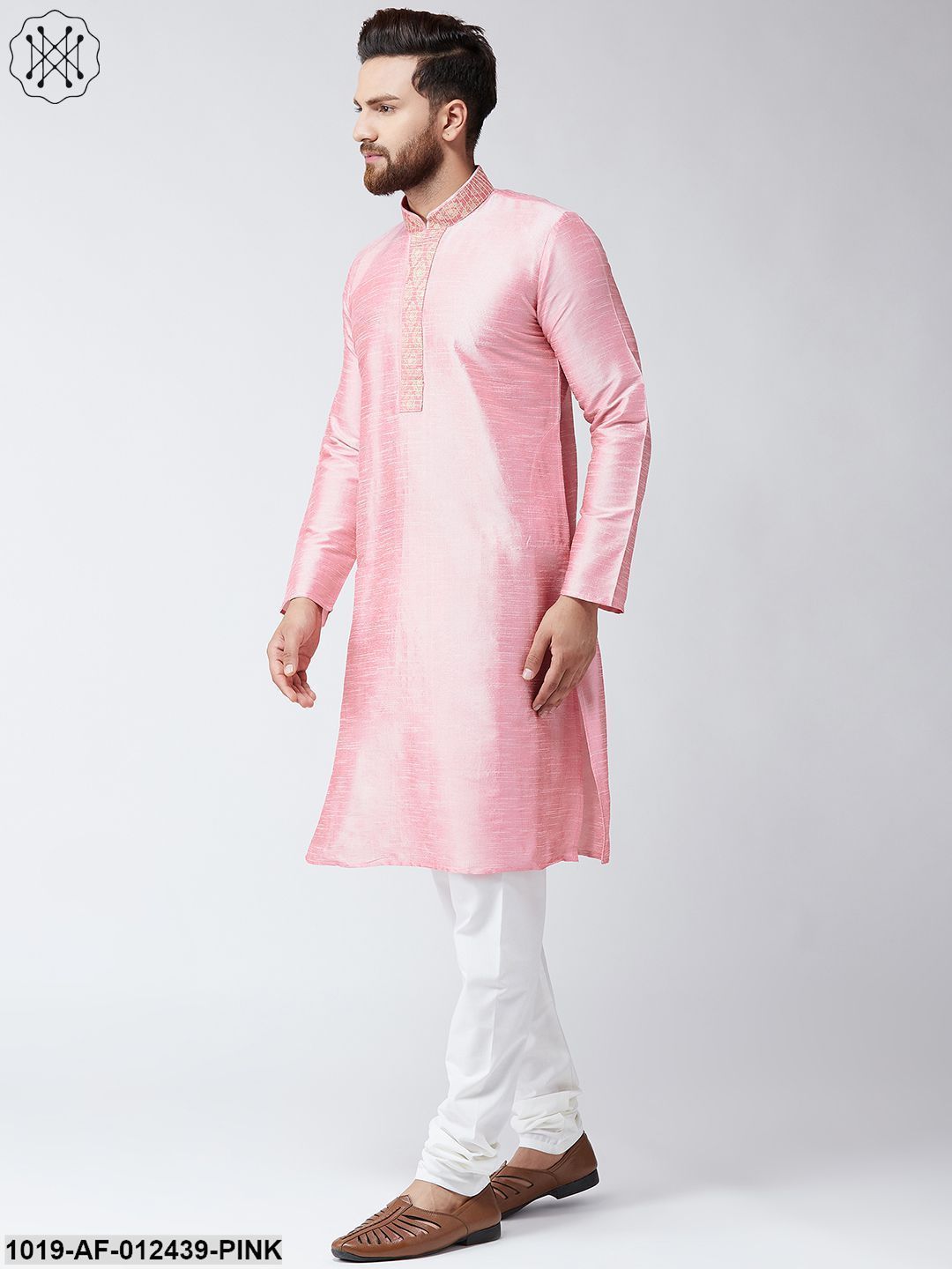 Men's Silk Pink Kurta And Off White Pyjama Set