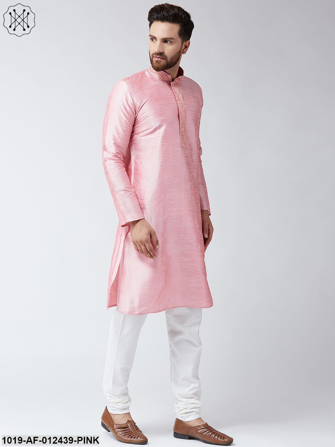 Men's Silk Pink Kurta And Off White Pyjama Set