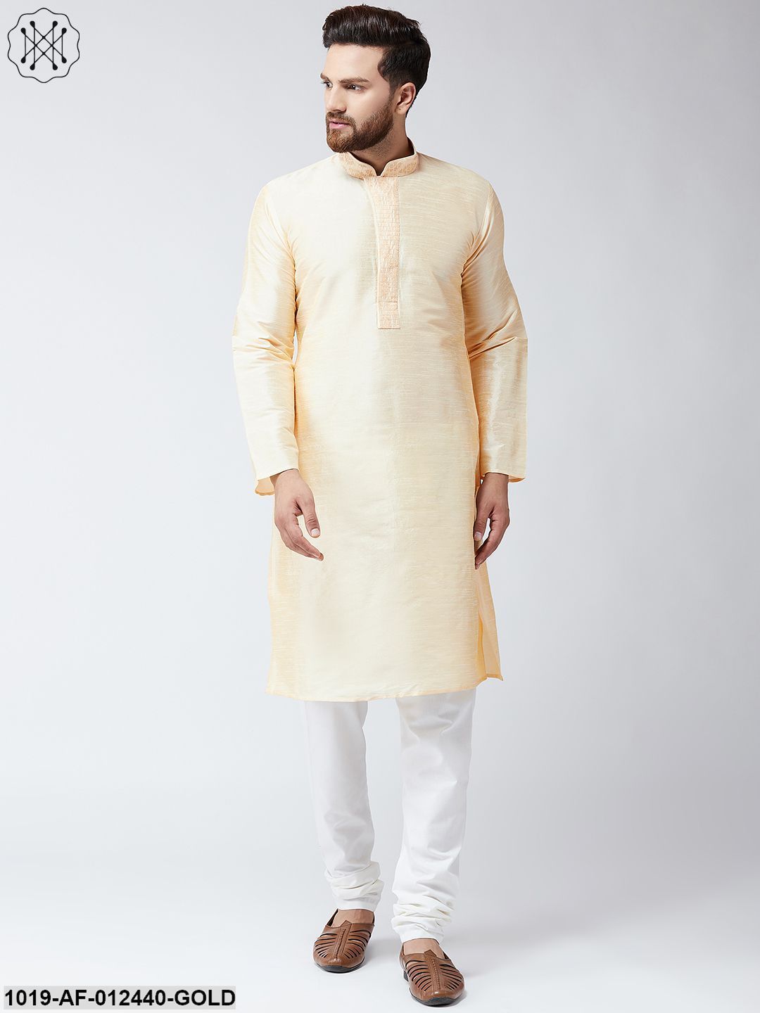 Men's Silk Gold Kurta And Off White Pyjama Set
