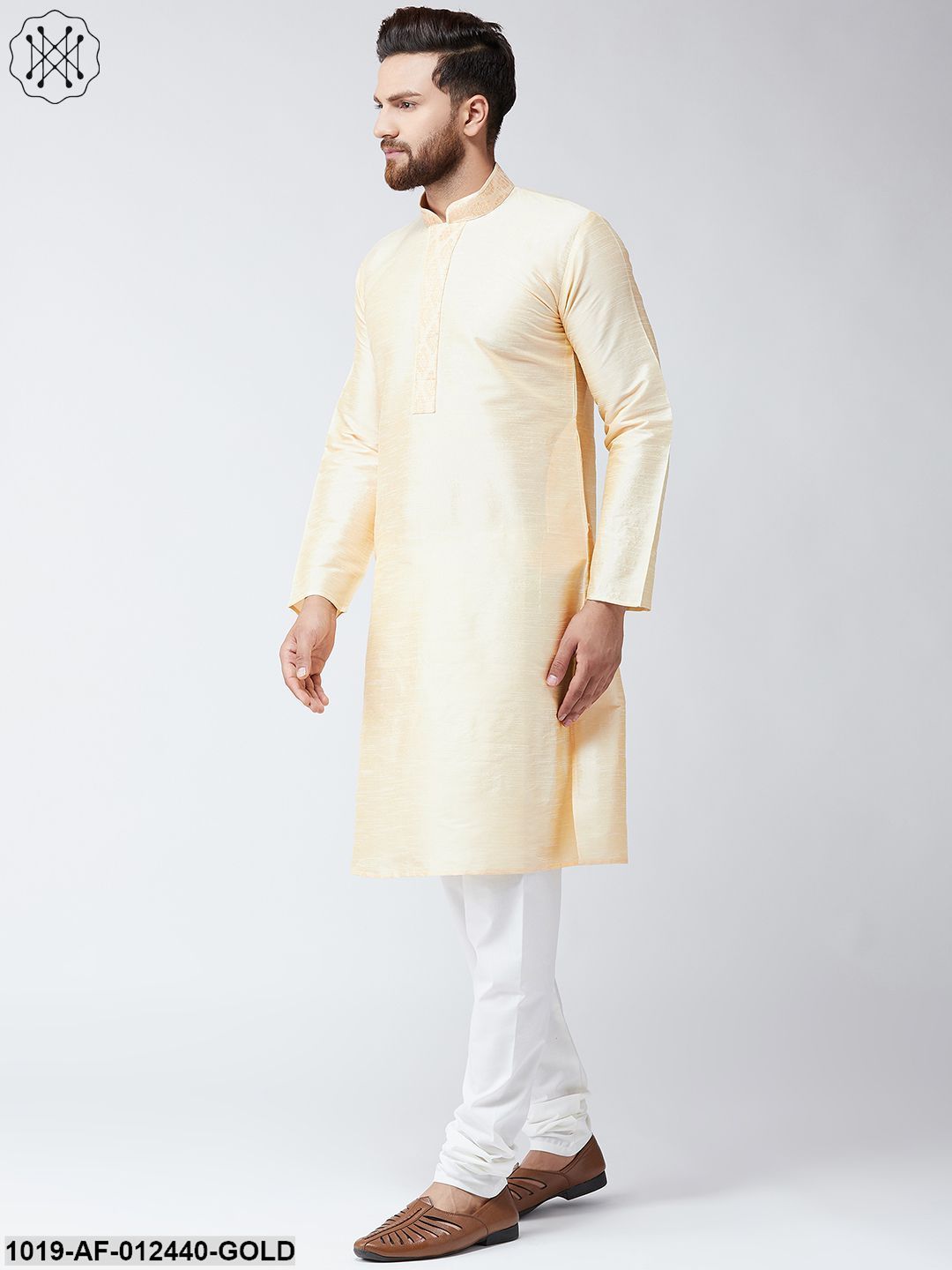 Men's Silk Gold Kurta And Off White Pyjama Set