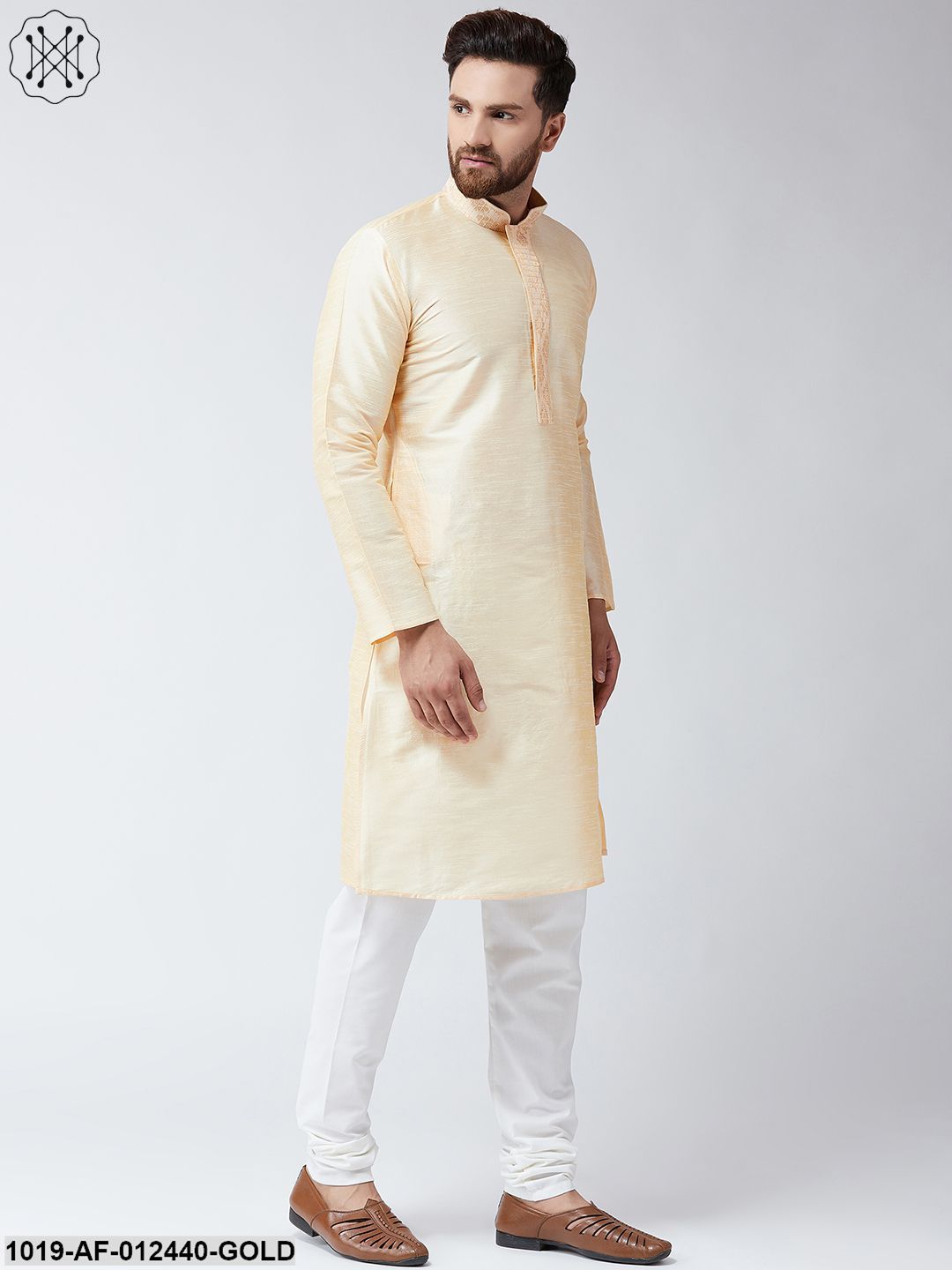 Men's Silk Gold Kurta And Off White Pyjama Set