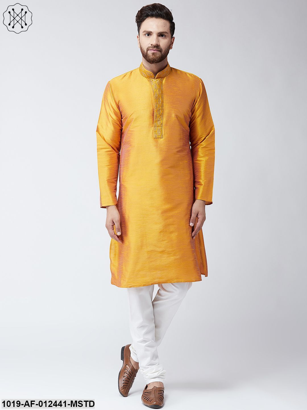 Men's Silk Mustard Kurta And Off White Pyjama Set