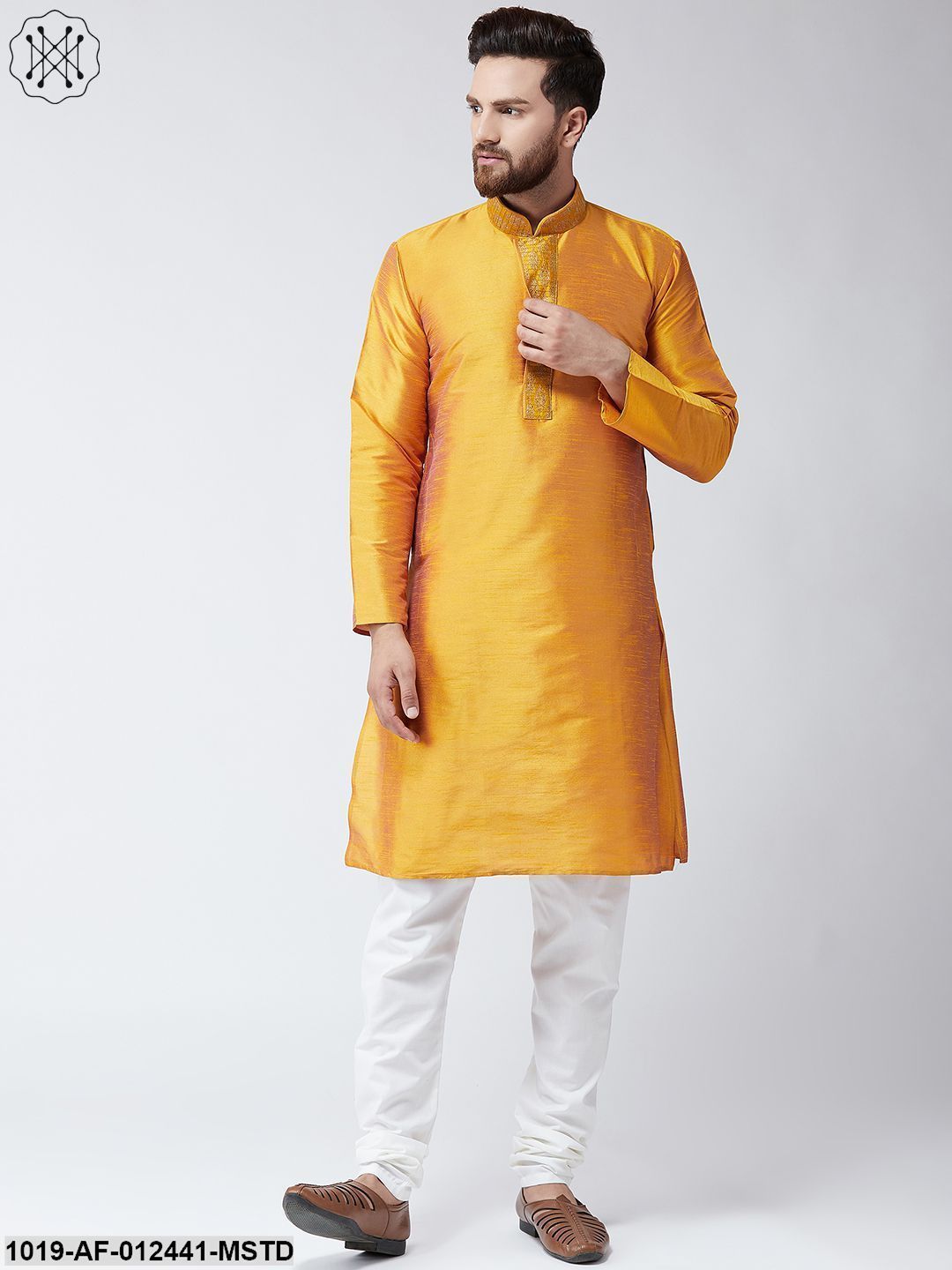 Men's Silk Mustard Kurta And Off White Pyjama Set
