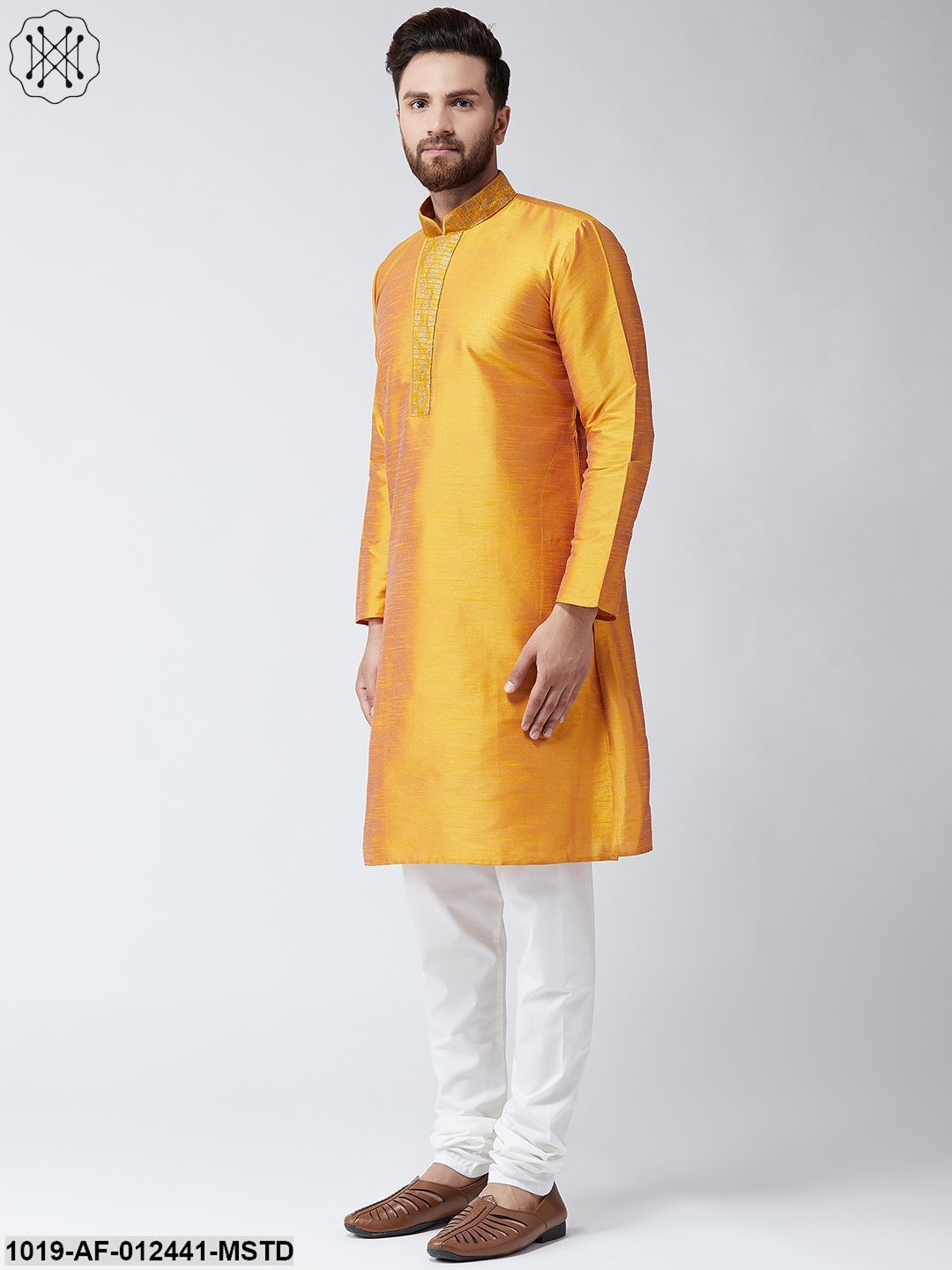 Men's Silk Mustard Kurta And Off White Pyjama Set