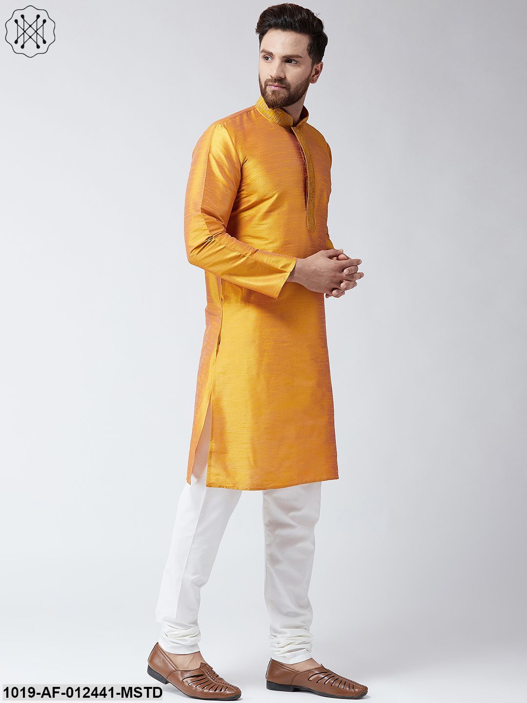 Men's Silk Mustard Kurta And Off White Pyjama Set