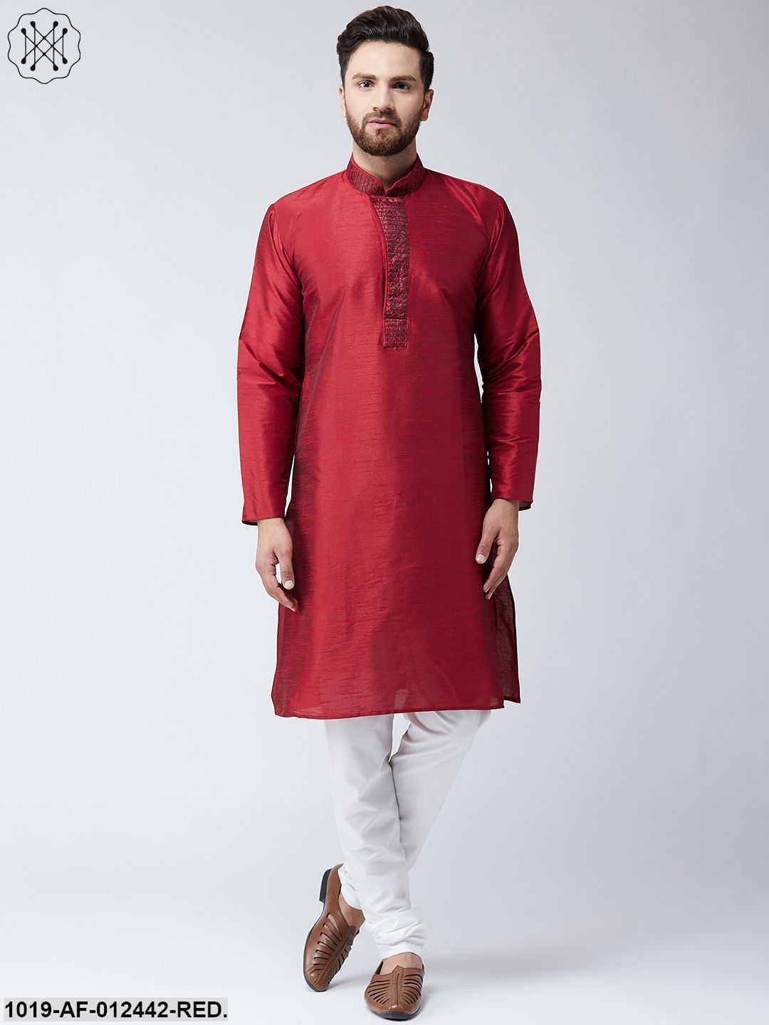 Men's Silk Red Kurta And Off White Pyjama Set