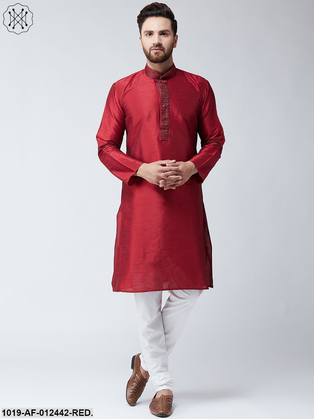Men's Silk Red Kurta And Off White Pyjama Set
