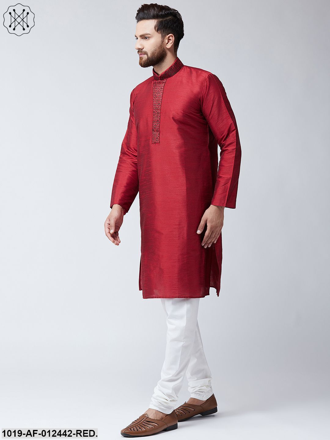 Men's Silk Red Kurta And Off White Pyjama Set