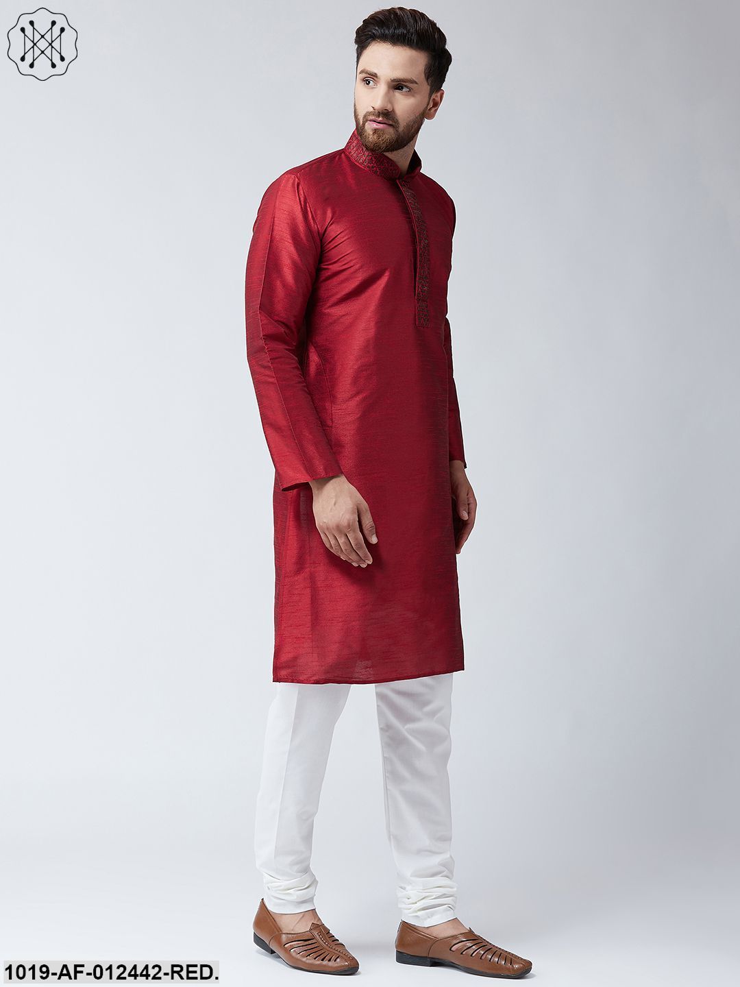 Men's Silk Red Kurta And Off White Pyjama Set