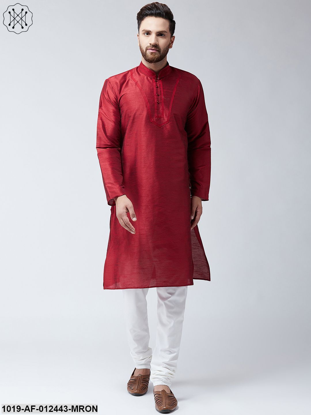 Men's Silk Maroon Kurta And Off White Pyjama Set
