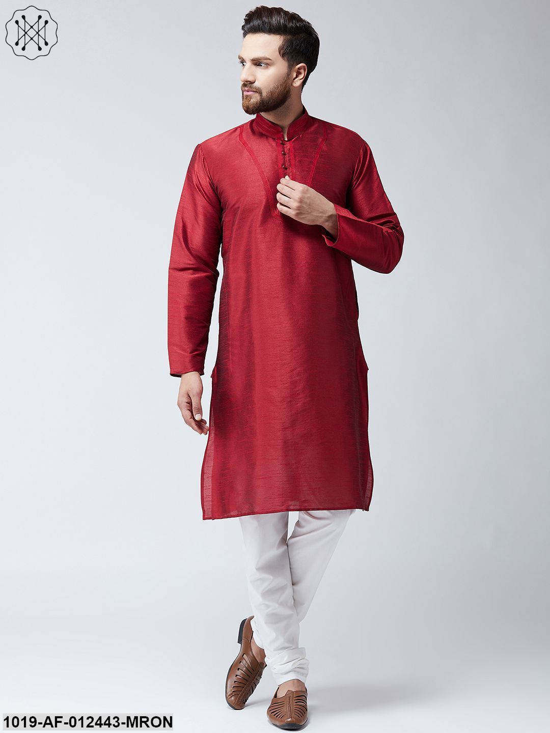 Men's Silk Maroon Kurta And Off White Pyjama Set