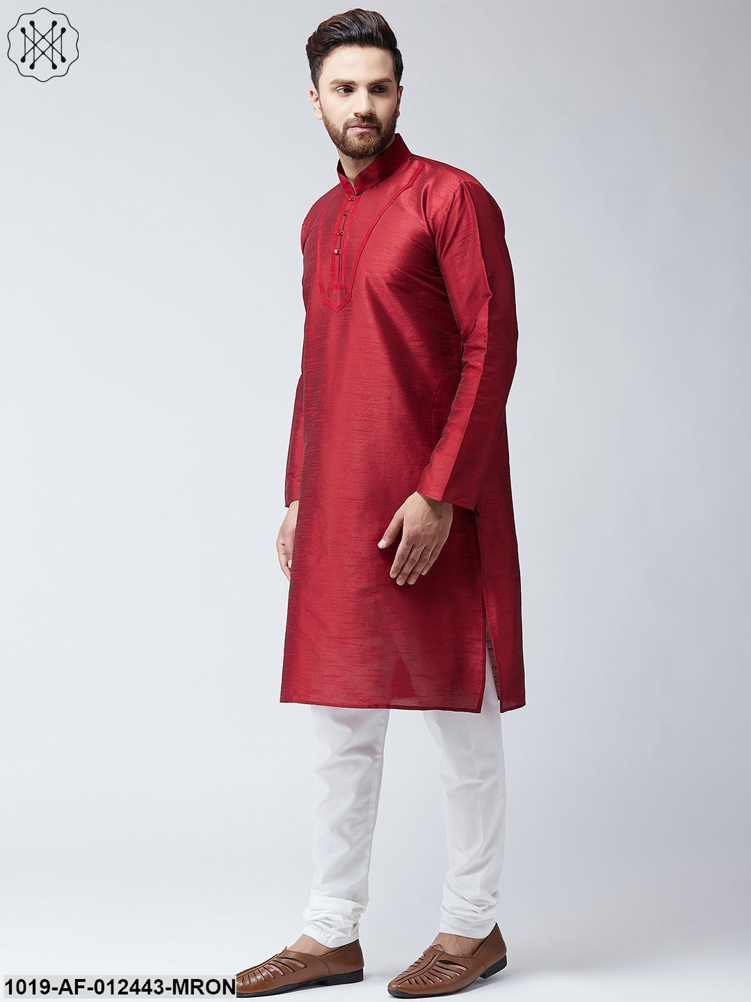 Men's Silk Maroon Kurta And Off White Pyjama Set