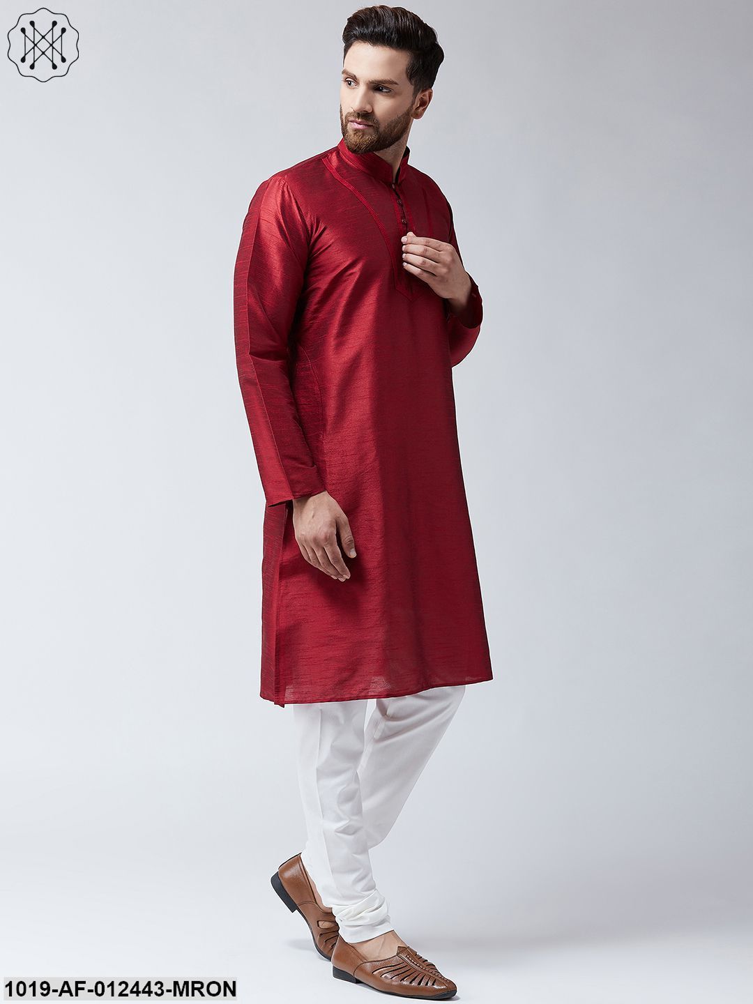 Men's Silk Maroon Kurta And Off White Pyjama Set