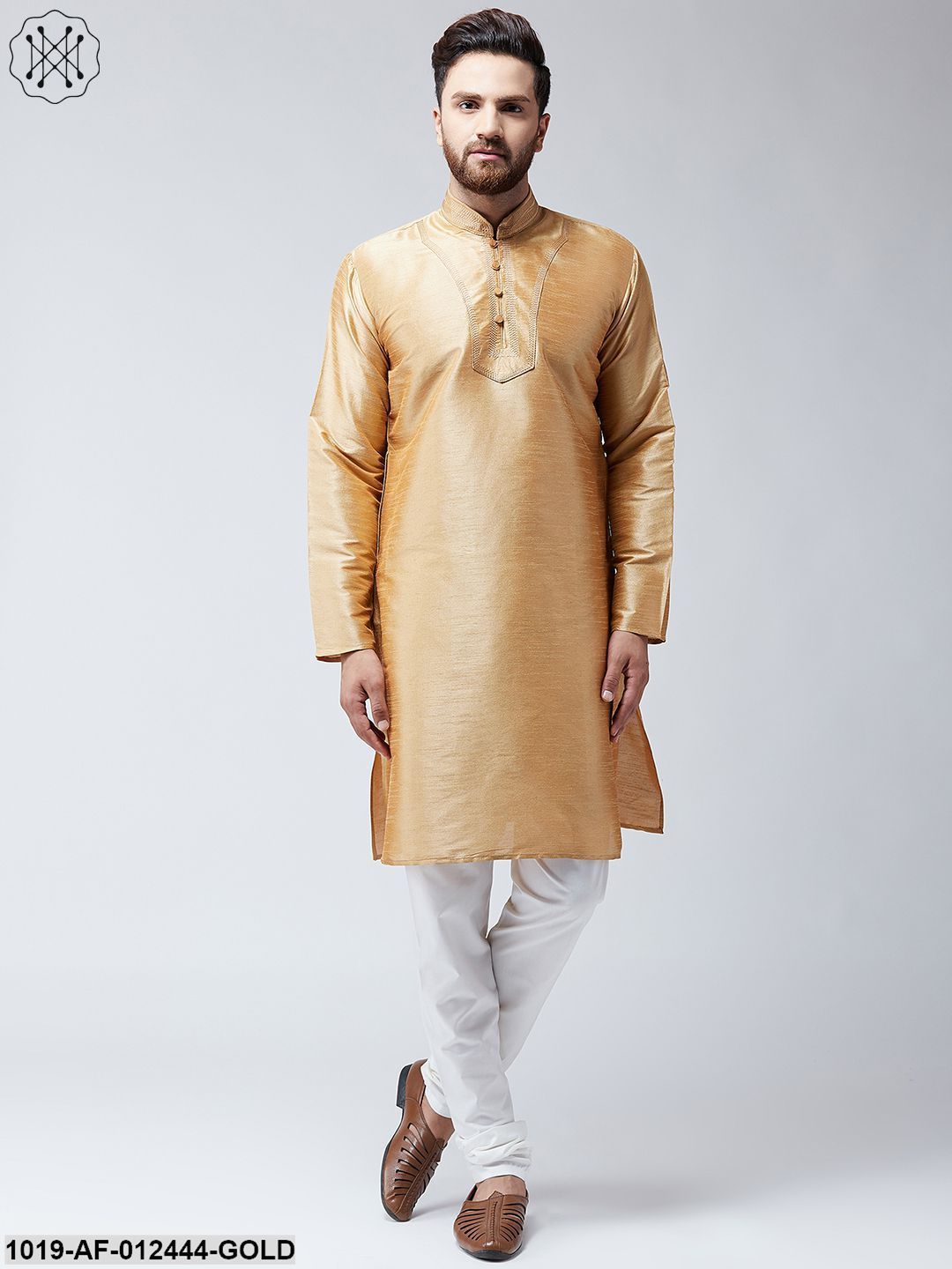 Men's Silk Gold Kurta And White Pyjama Set