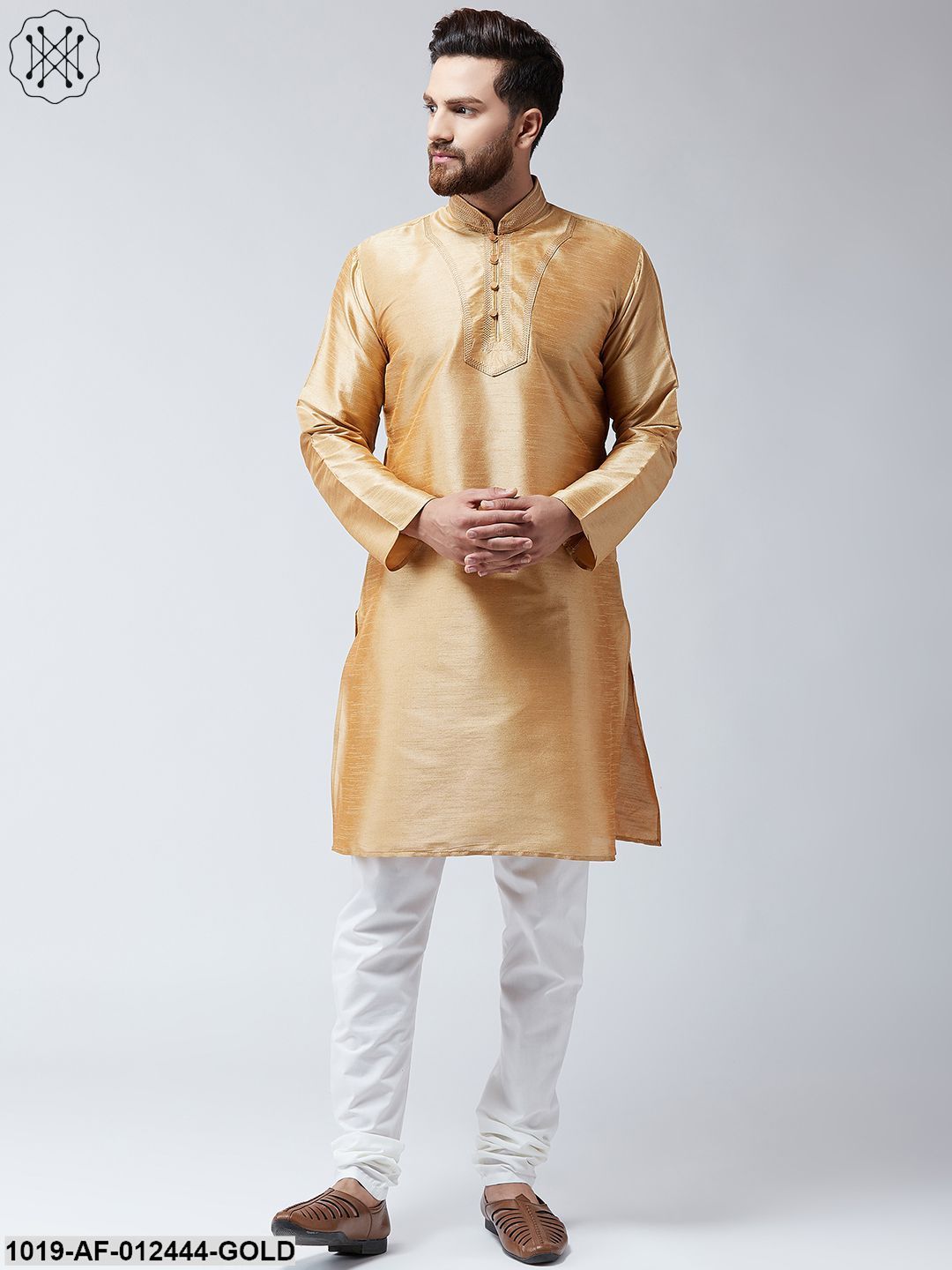 Men's Silk Gold Kurta And White Pyjama Set