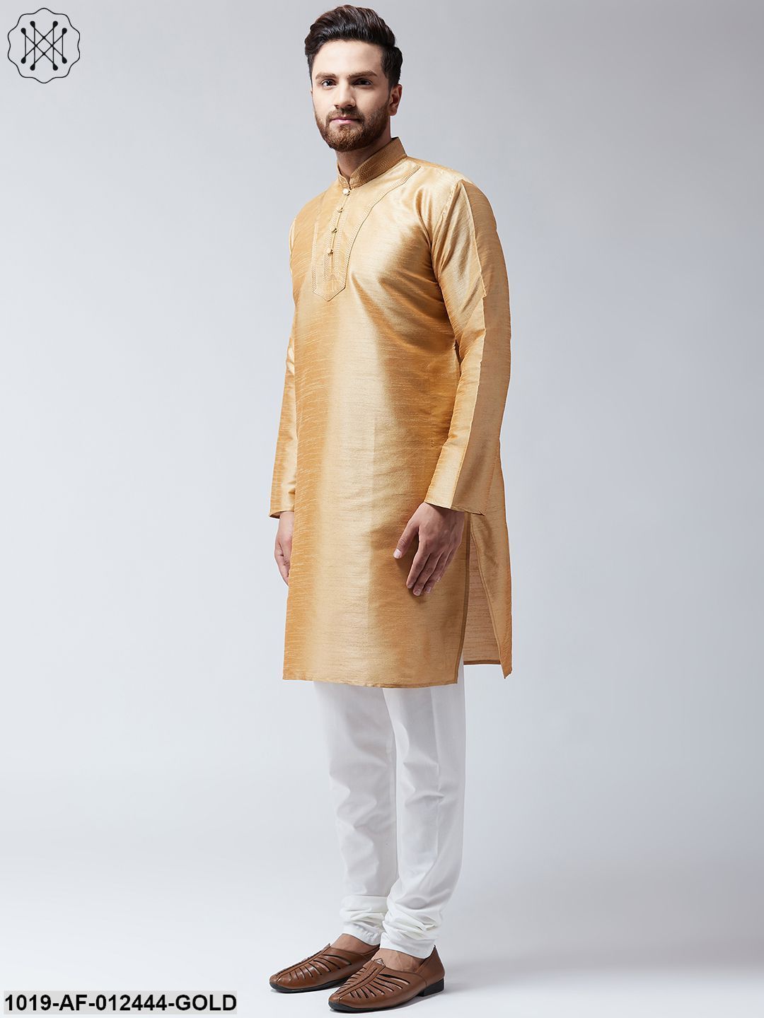 Men's Silk Gold Kurta And White Pyjama Set