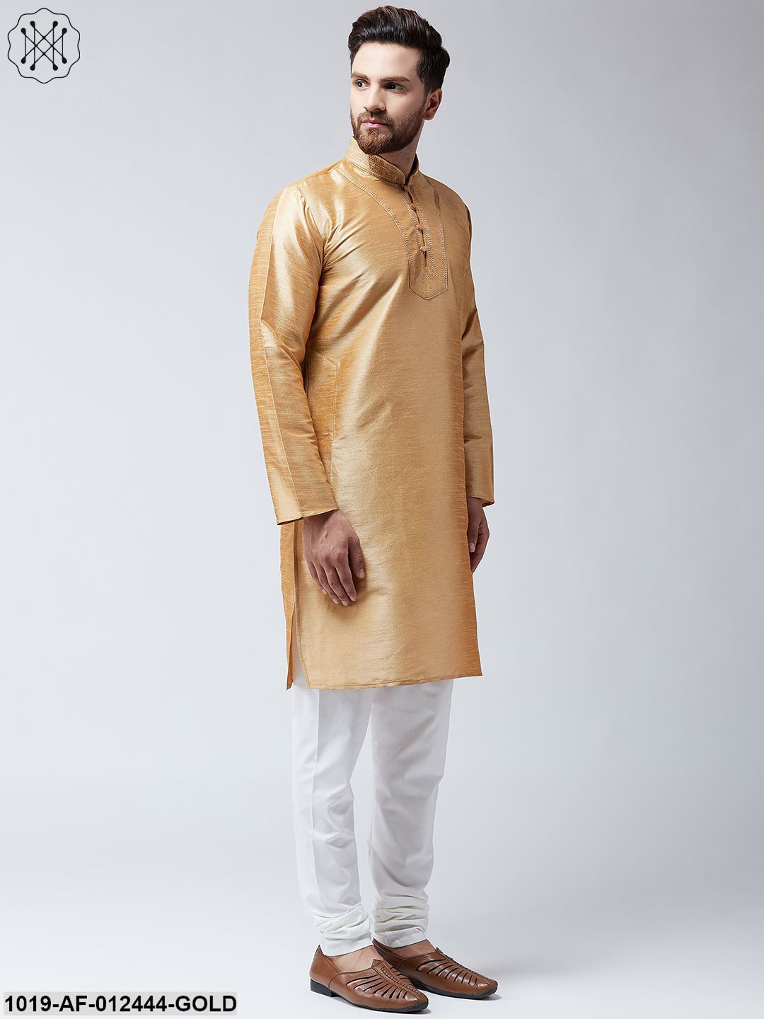 Men's Silk Gold Kurta And White Pyjama Set