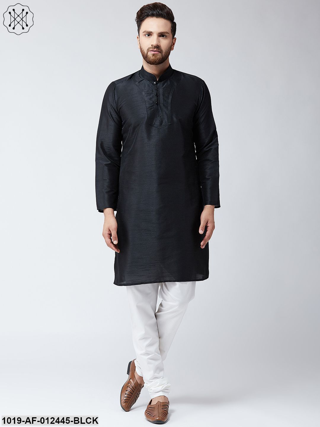 Men's Silk Black Kurta And White Pyjama Set