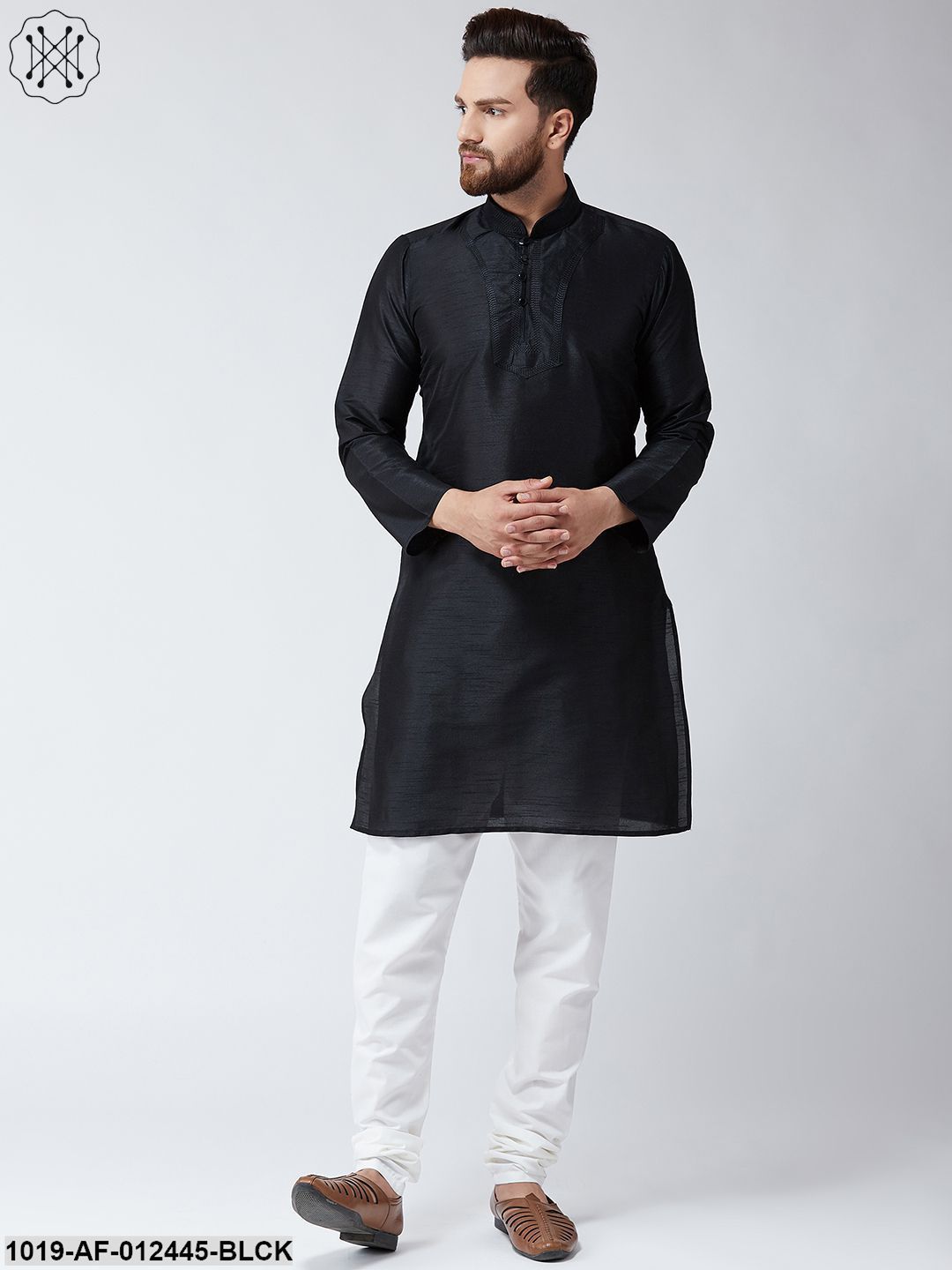 Men's Silk Black Kurta And White Pyjama Set