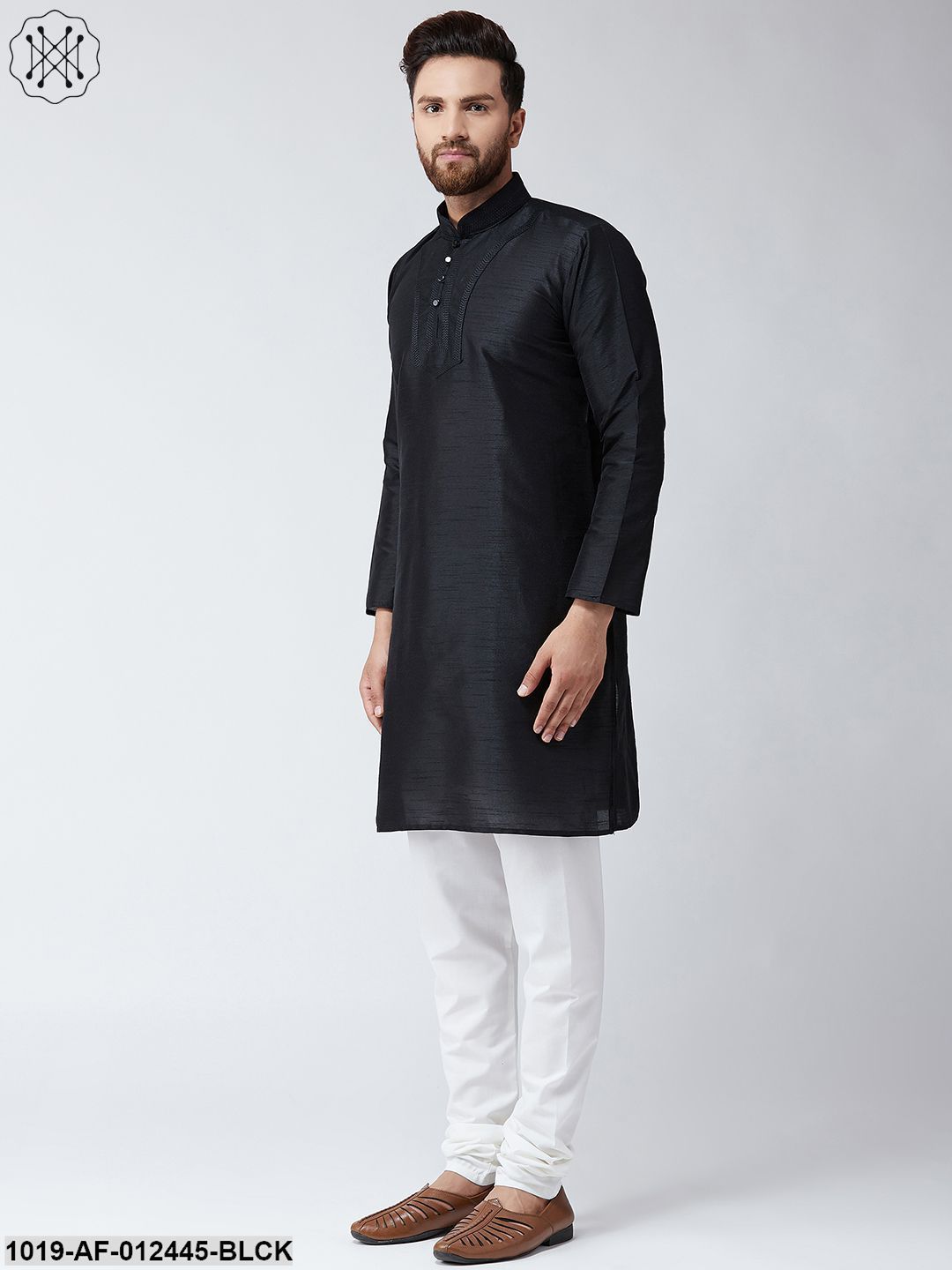 Men's Silk Black Kurta And White Pyjama Set