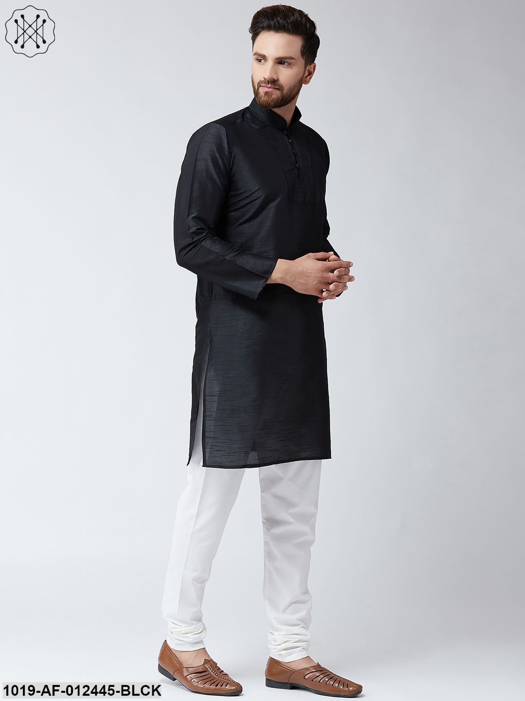Men's Silk Black Kurta And White Pyjama Set