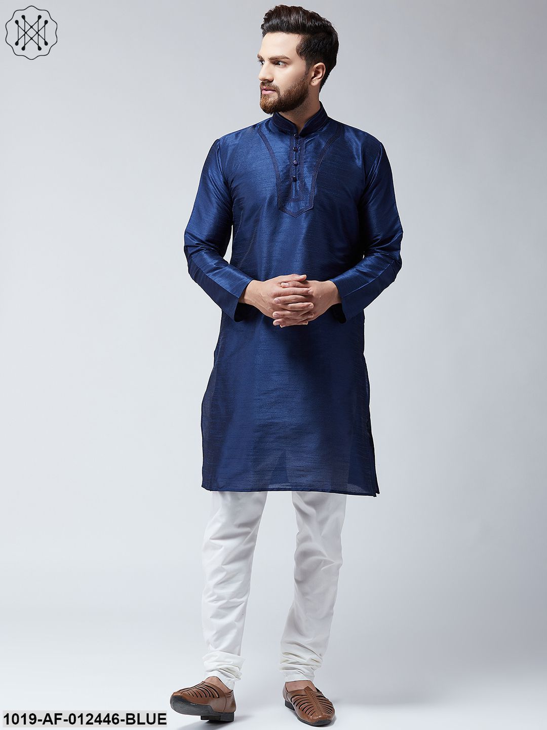 Men's Silk Blue Kurta And White Pyjama Set
