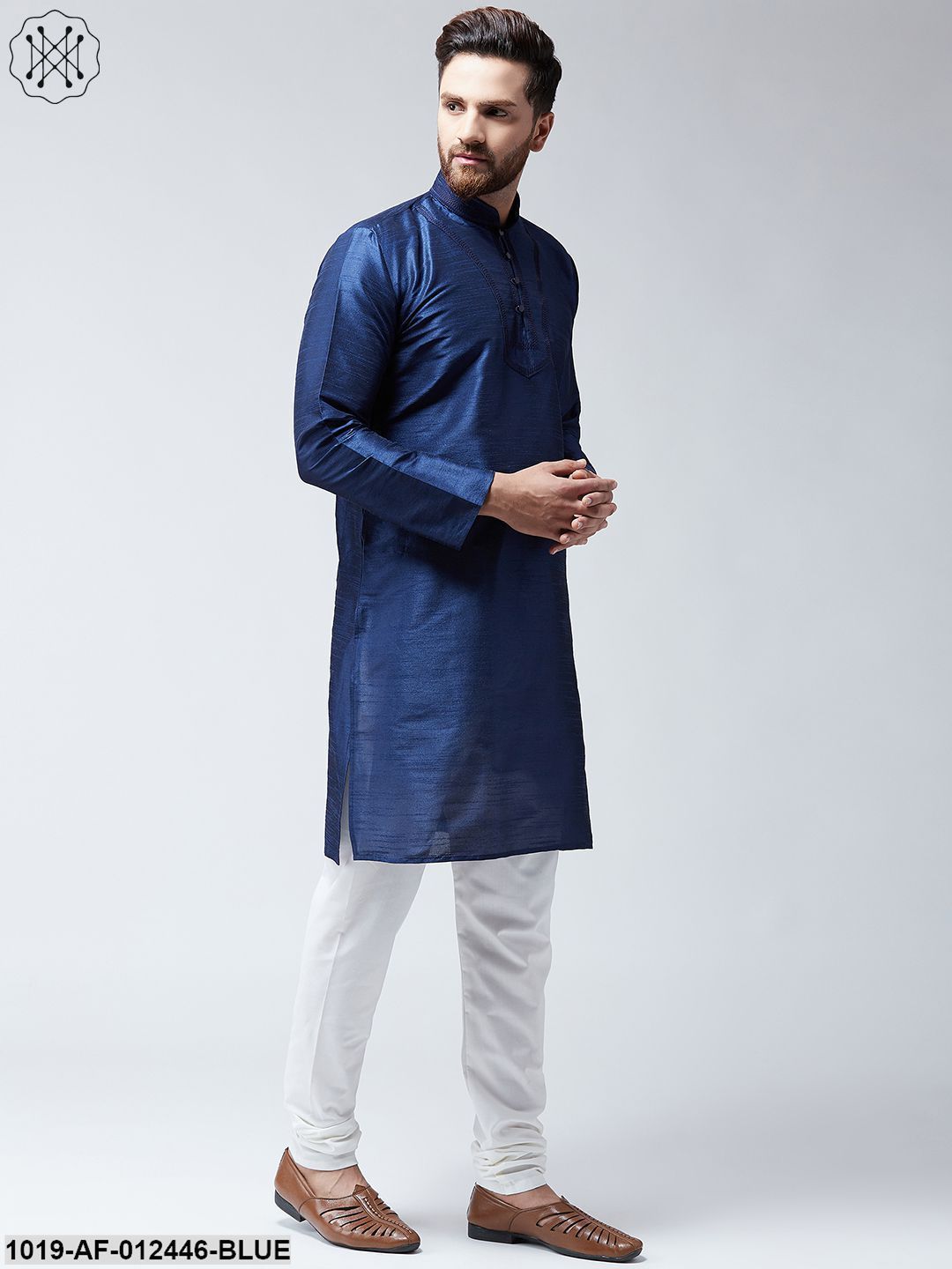 Men's Silk Blue Kurta And White Pyjama Set