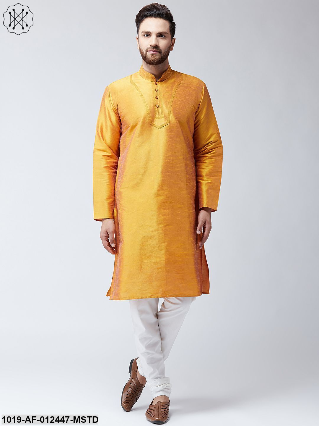 Men's Silk Mustard Kurta And White Pyjama Set