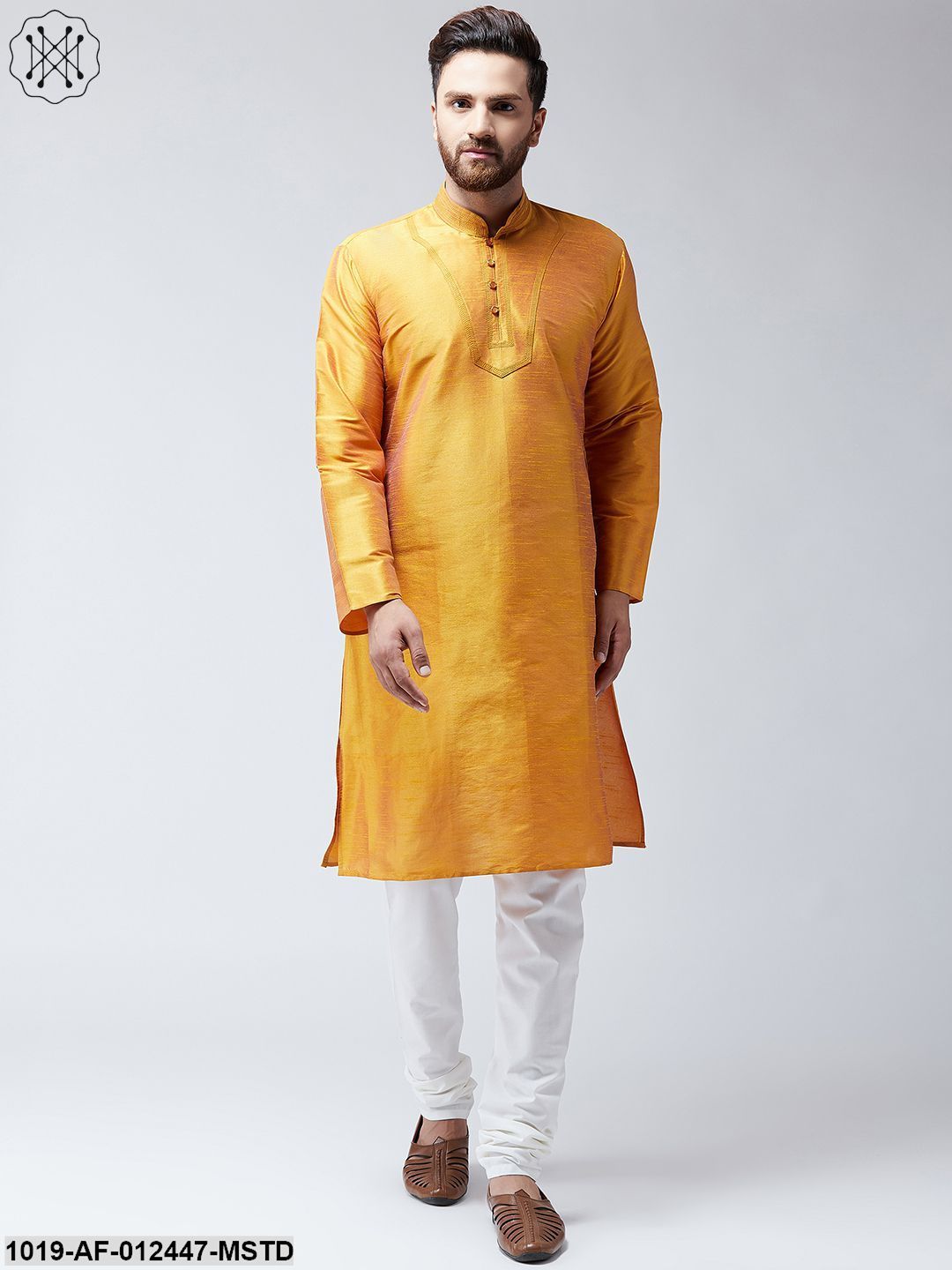 Men's Silk Mustard Kurta And White Pyjama Set