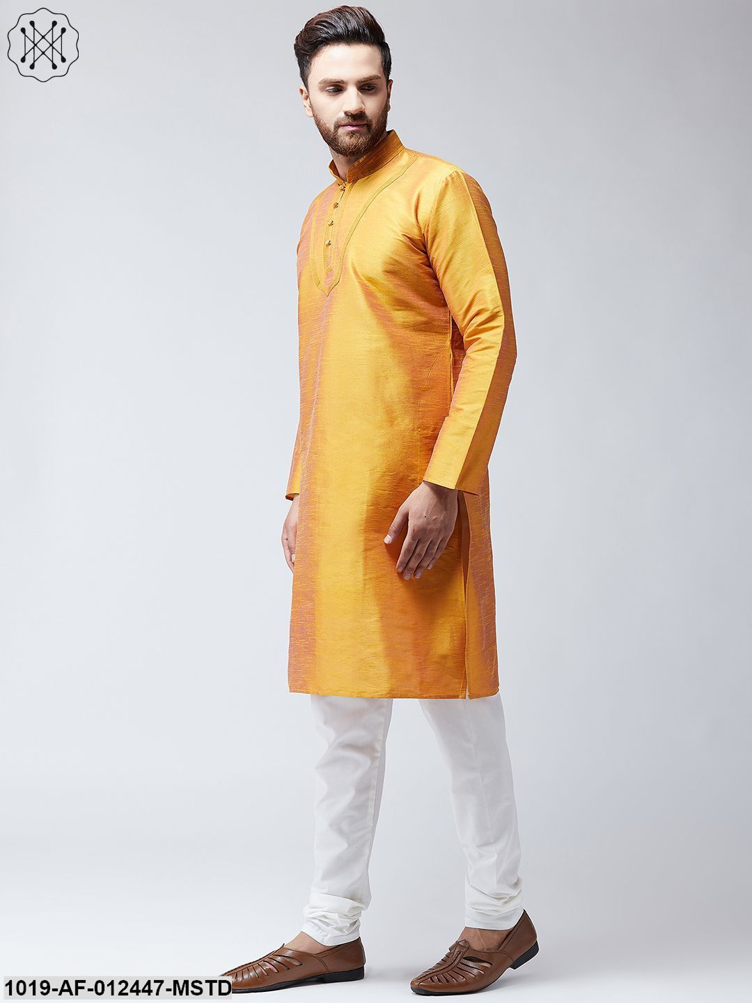 Men's Silk Mustard Kurta And White Pyjama Set
