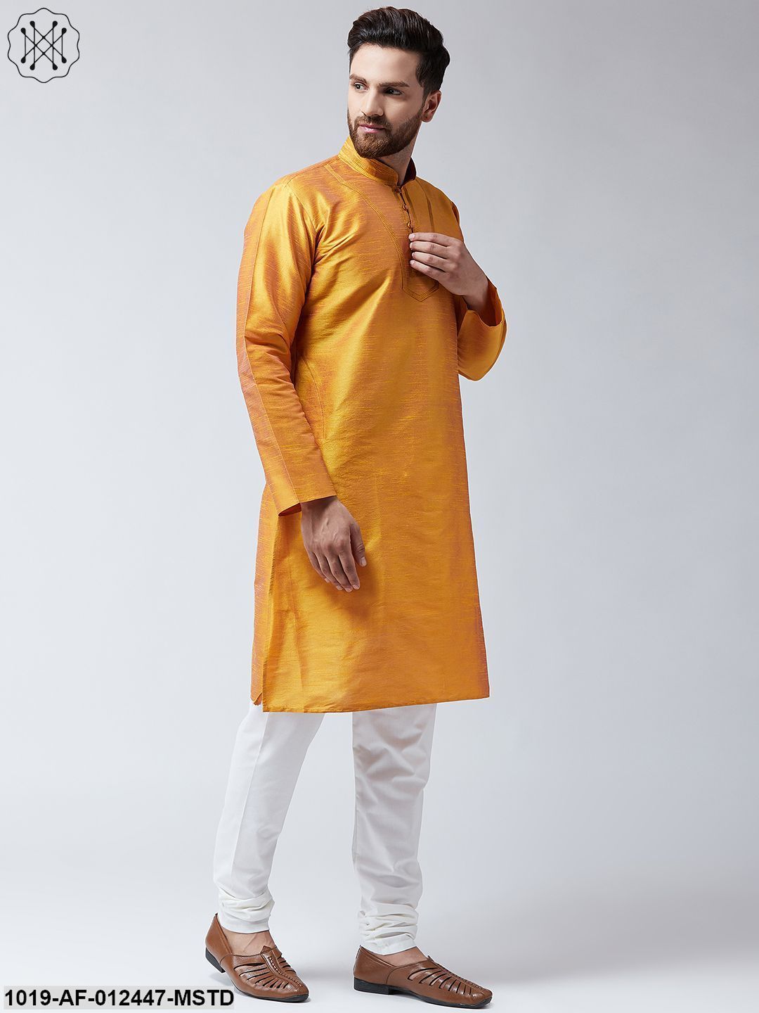 Men's Silk Mustard Kurta And White Pyjama Set