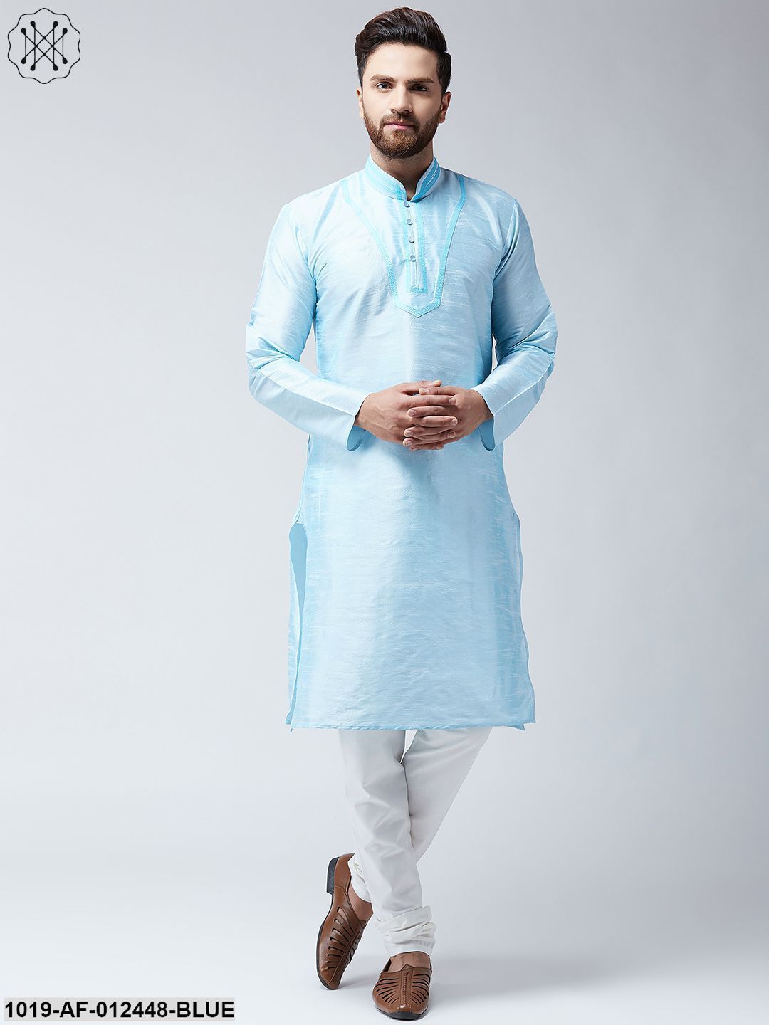 Men's Silk Turquoise Blue Kurta And White Pyjama Set