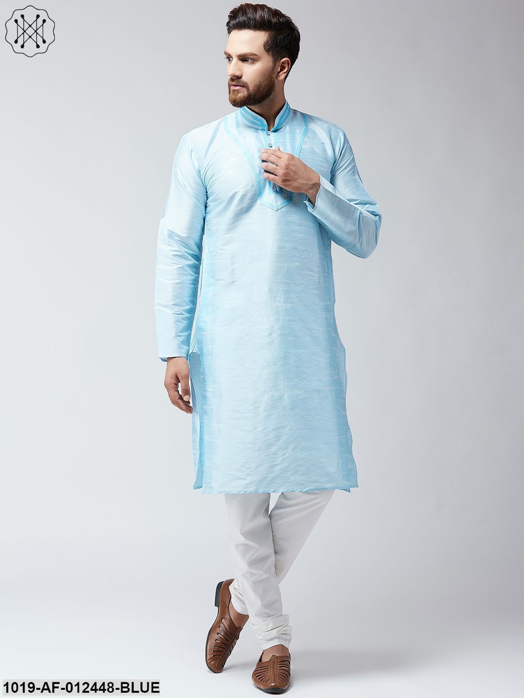 Men's Silk Turquoise Blue Kurta And White Pyjama Set