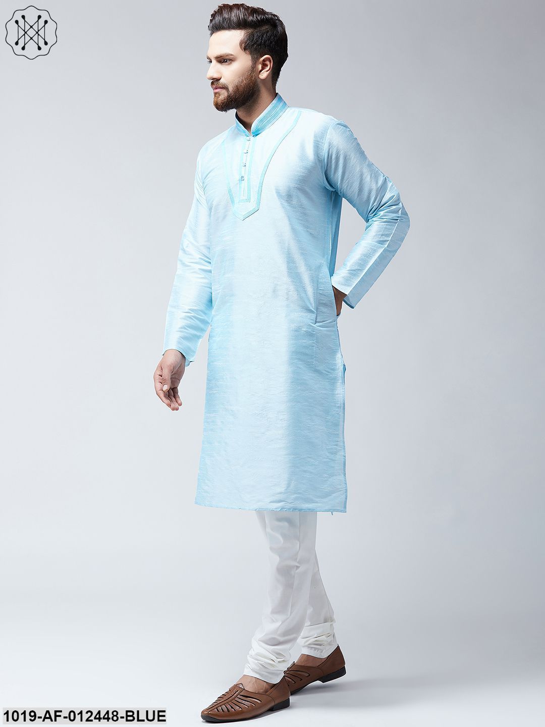 Men's Silk Turquoise Blue Kurta And White Pyjama Set