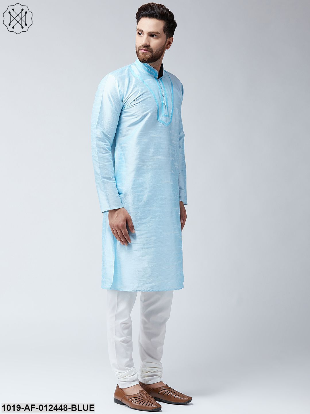 Men's Silk Turquoise Blue Kurta And White Pyjama Set